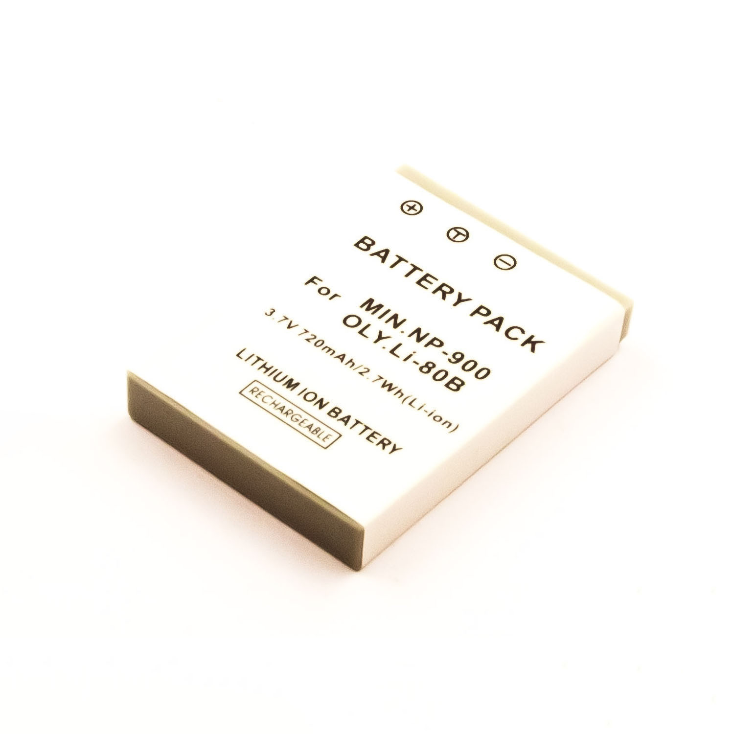 Weißes Akku für MIN.NP-900 OLY.LI-80B. Es hat Warnungen und ist wiederaufladbar.