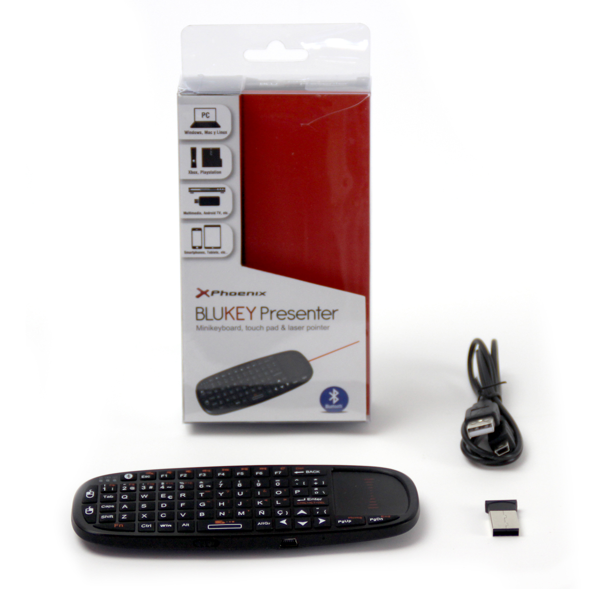 Presentador XPhoenix BluKey con mini teclado, panel táctil y puntero láser y cable USB.