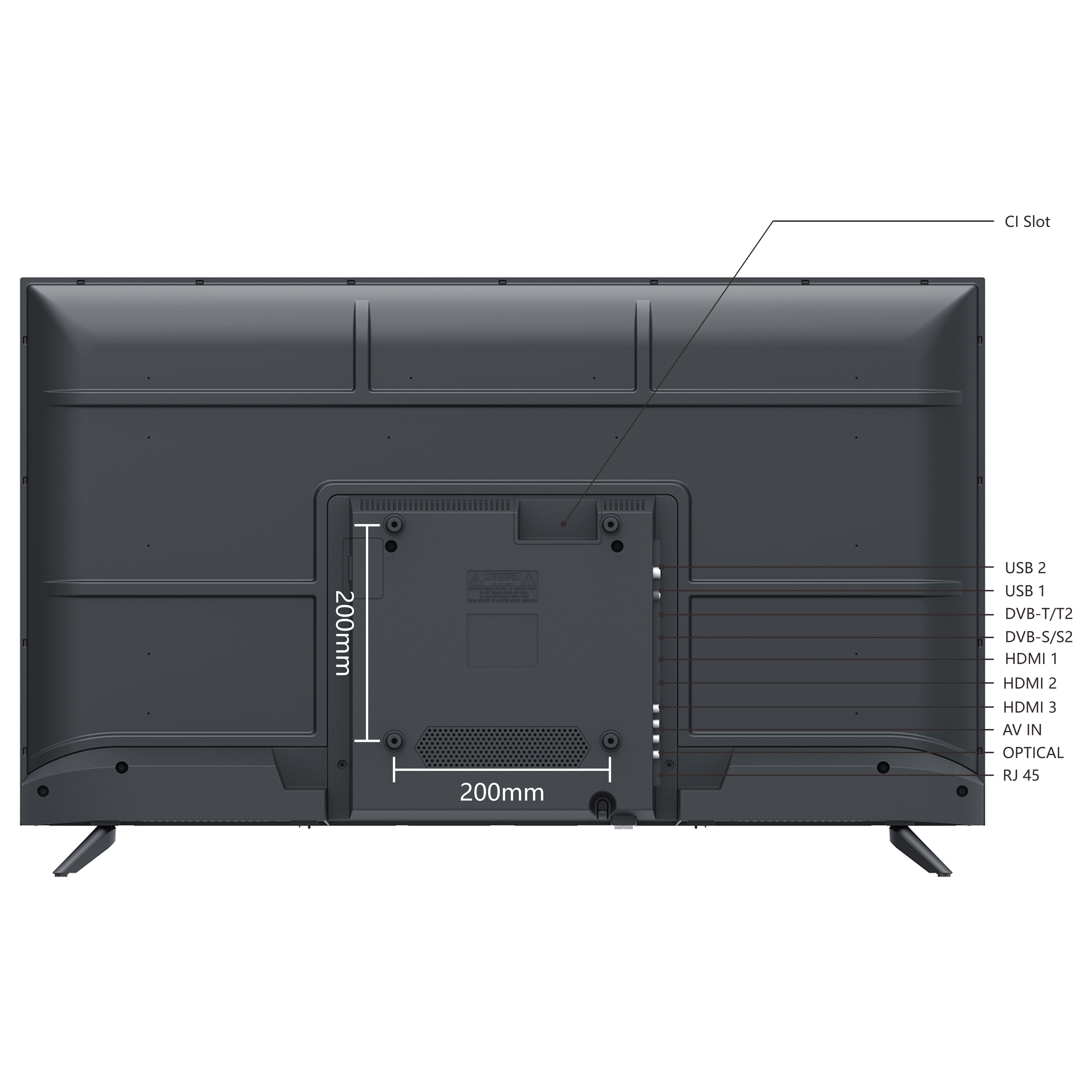 Widok z tyłu czarnego telewizora z portami i etykietami. Widoczne wymiary i etykiety.