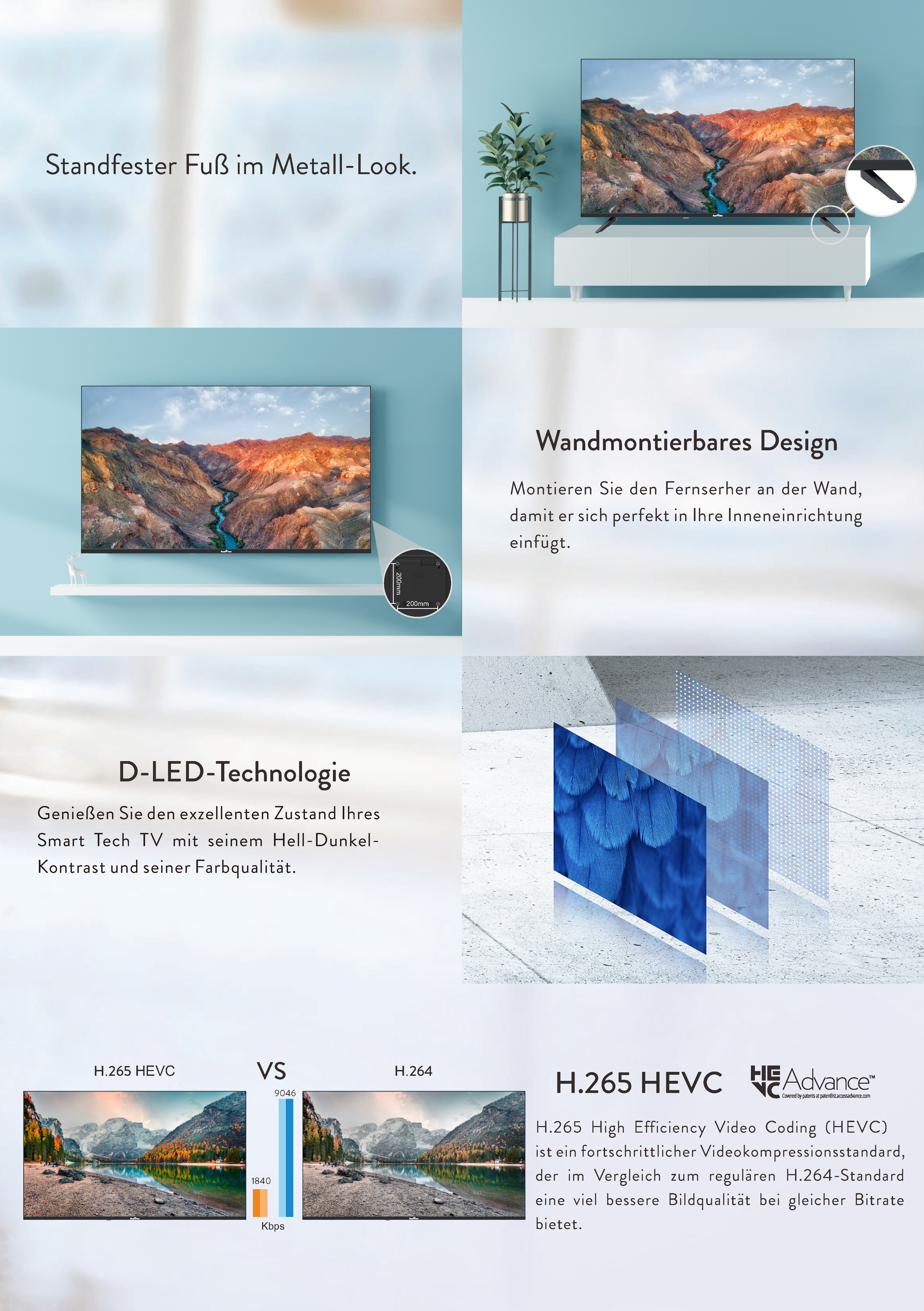 Reklama z telewizorem, pokazująca funkcje takie jak montaż na ścianie.