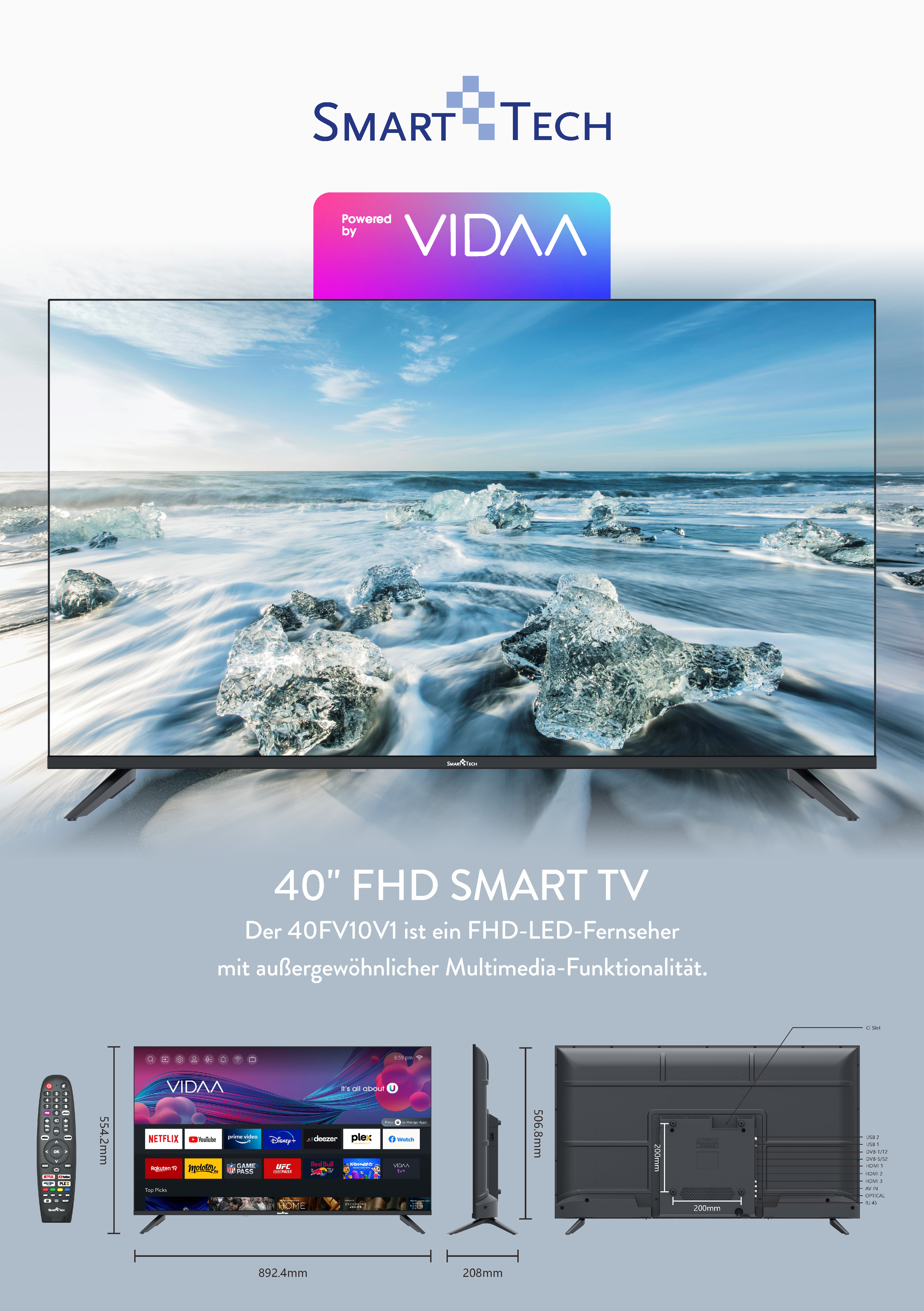 Ein 40" Smart TV mit dem VIDAA-Logo. Darunter ein Diagramm mit Abmessungen und Ansichten des TVs.