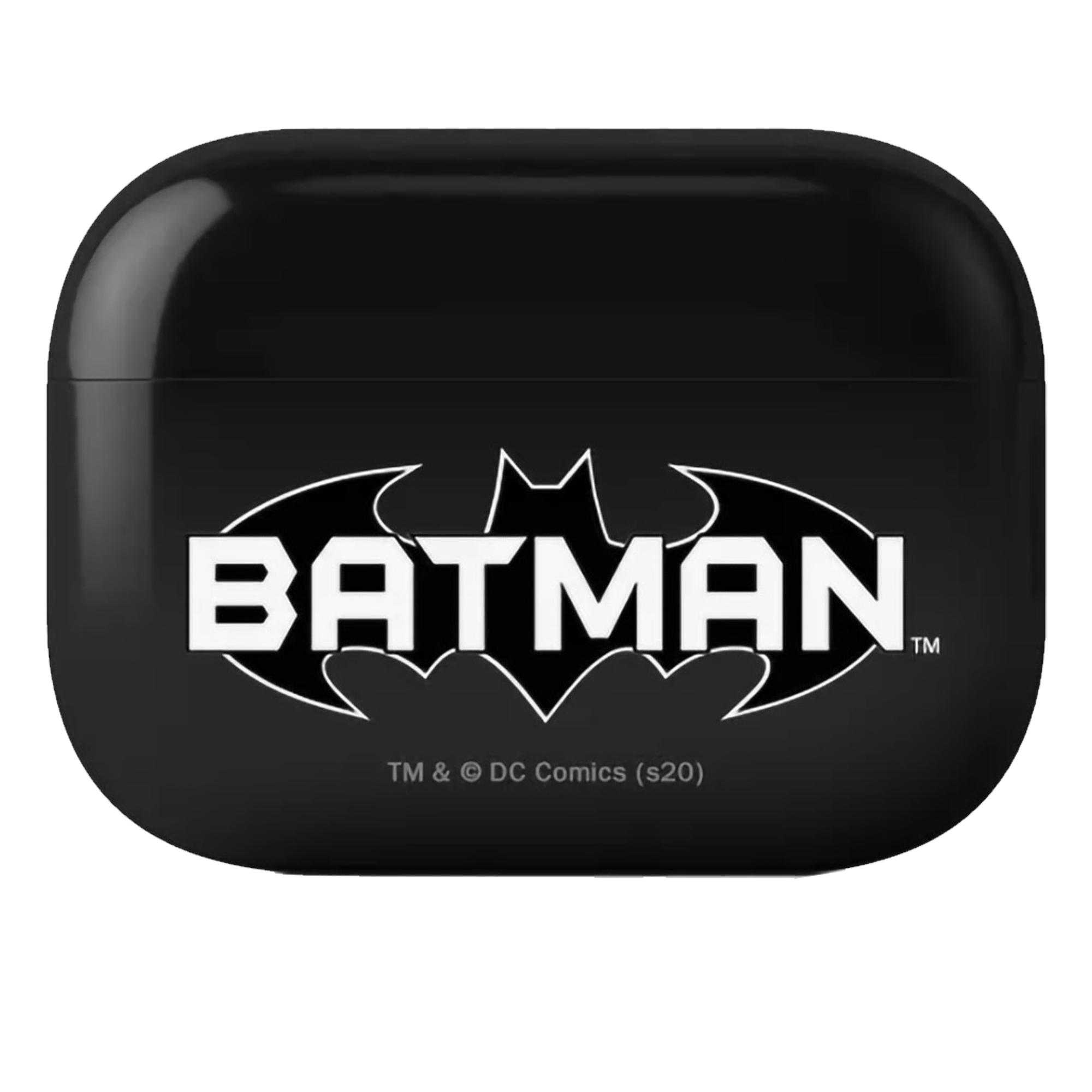 Custodia per auricolari nera con logo Batman, sfondo bianco. La custodia dice Batman e TM & © DC Comics.