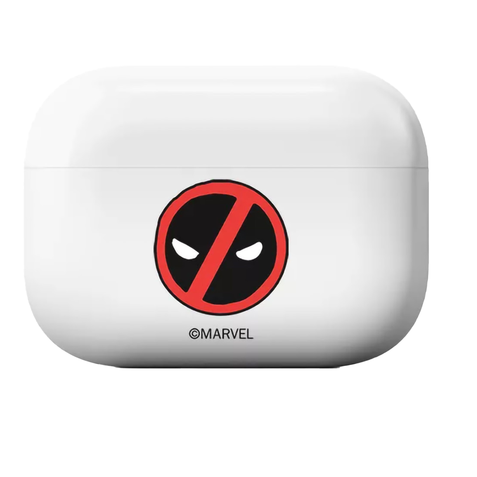 Custodia di ricarica bianca con logo Deadpool rosso. Il logo è un cerchio con una linea rossa.