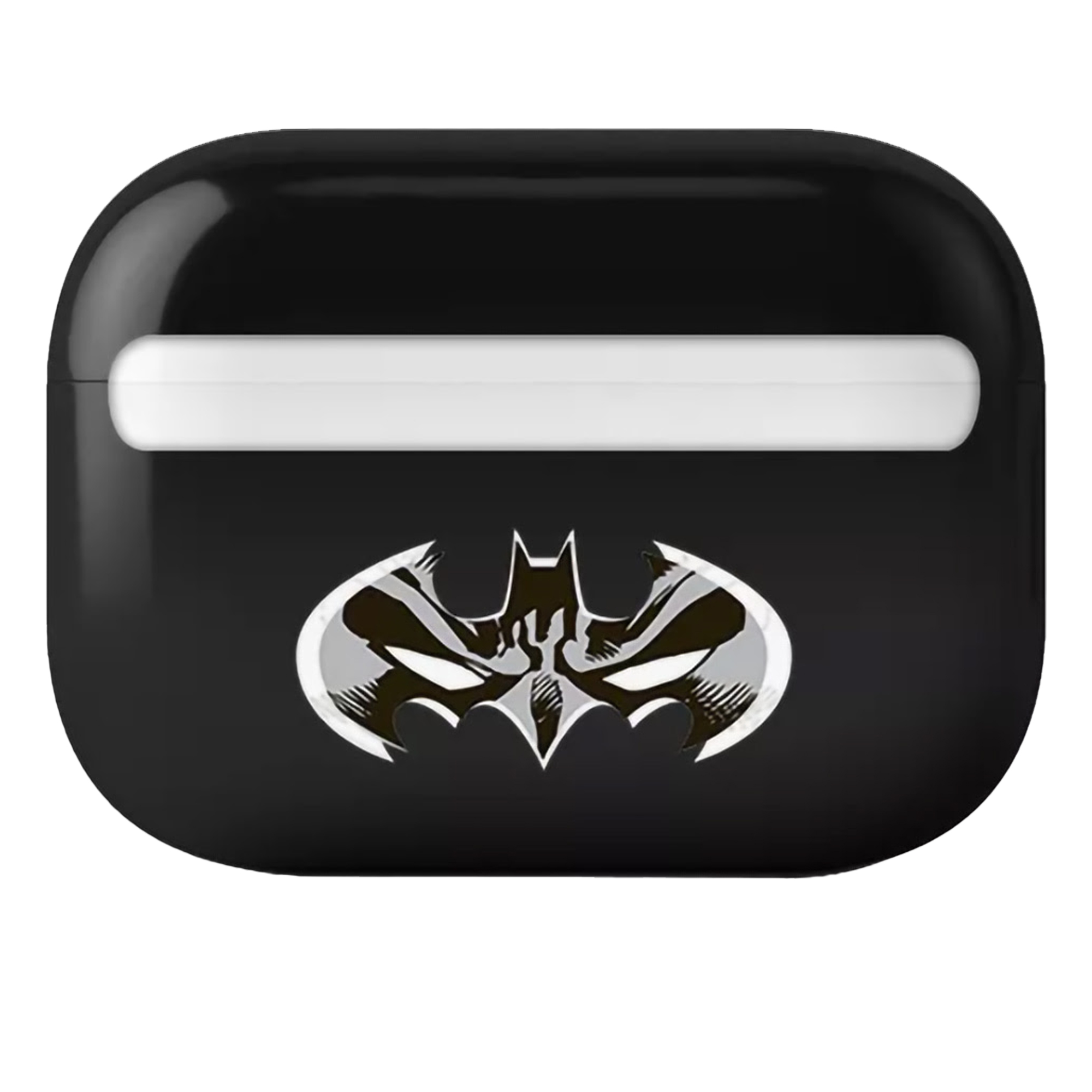 Una custodia nera per AirPods con il logo di Batman sul davanti, posta su uno sfondo bianco.