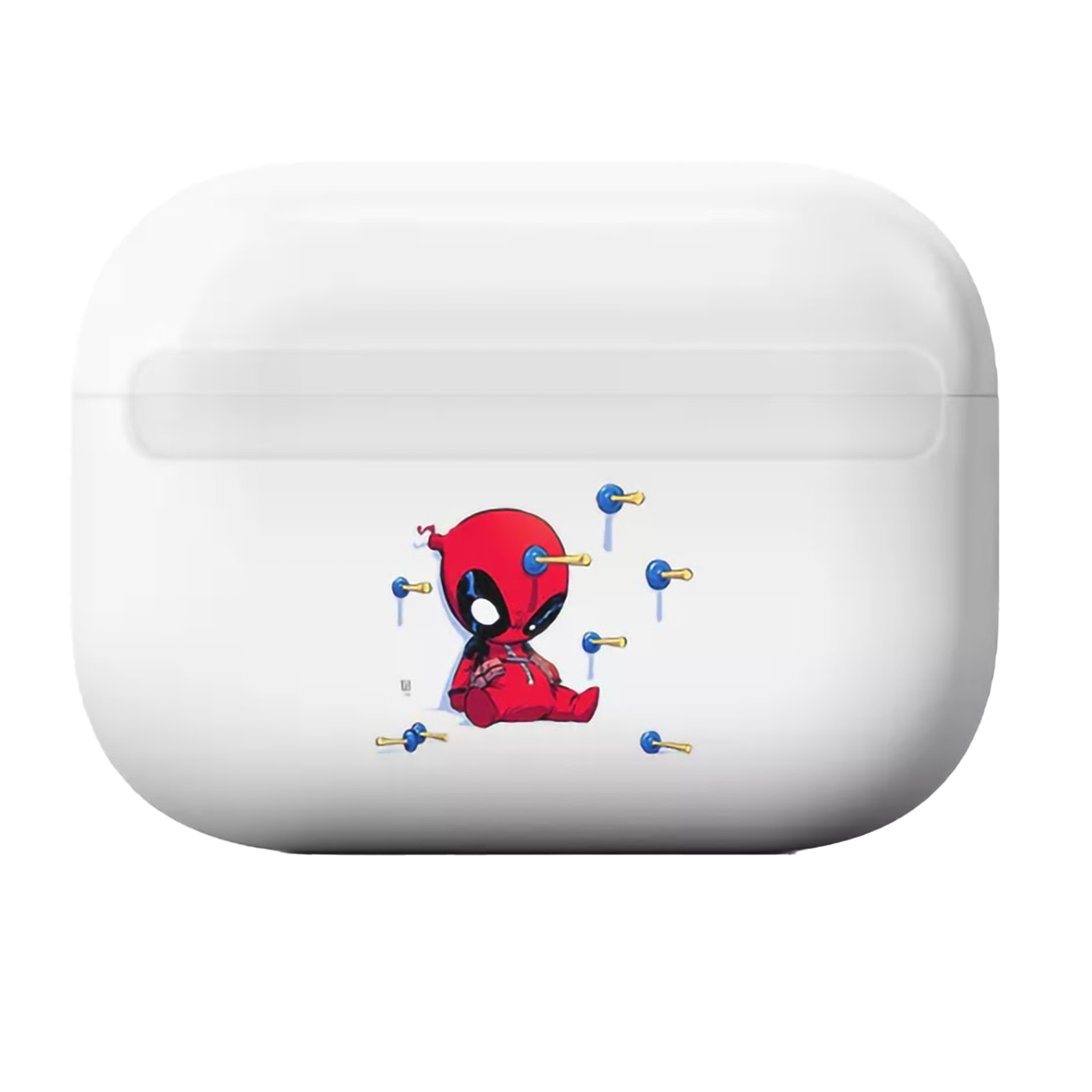 Custodia bianca per AirPods con un design a cartone animato di Deadpool. La custodia è chiusa.