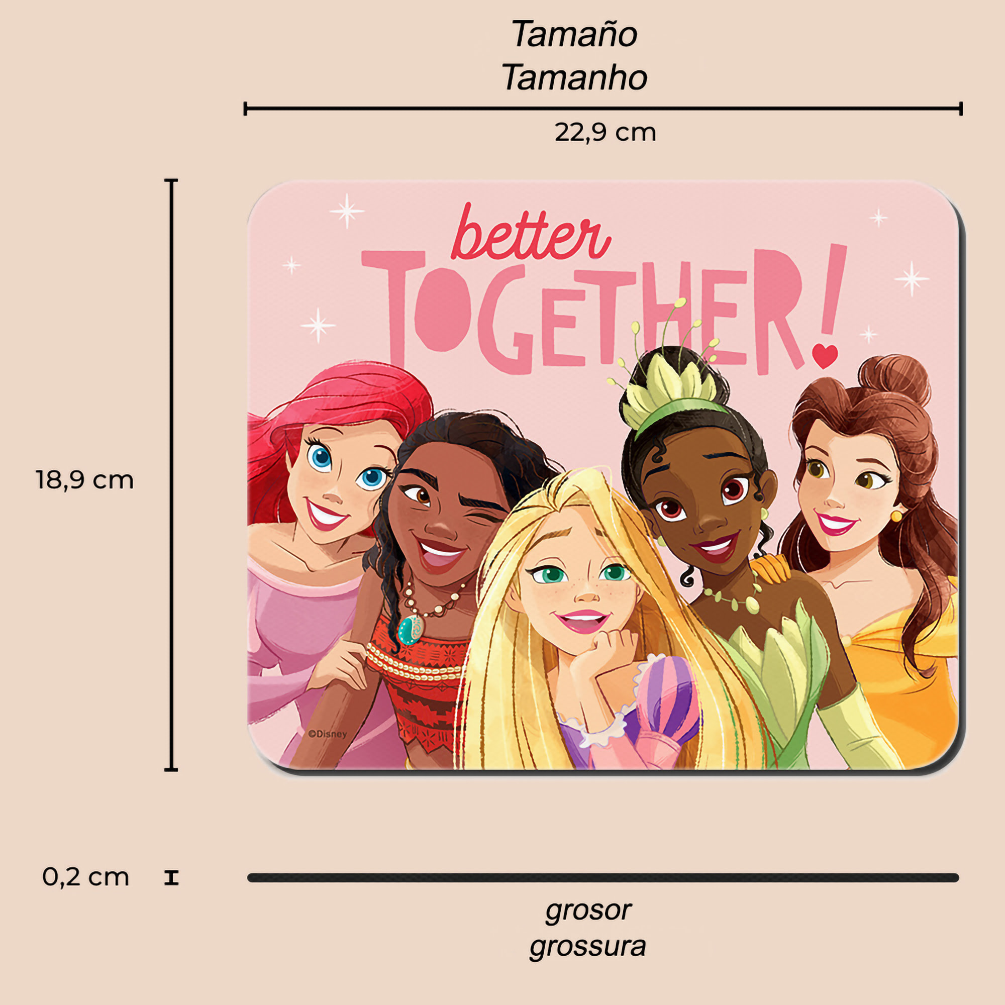 Podkładka pod mysz z księżniczkami Disneya z napisem 'better together!'.
