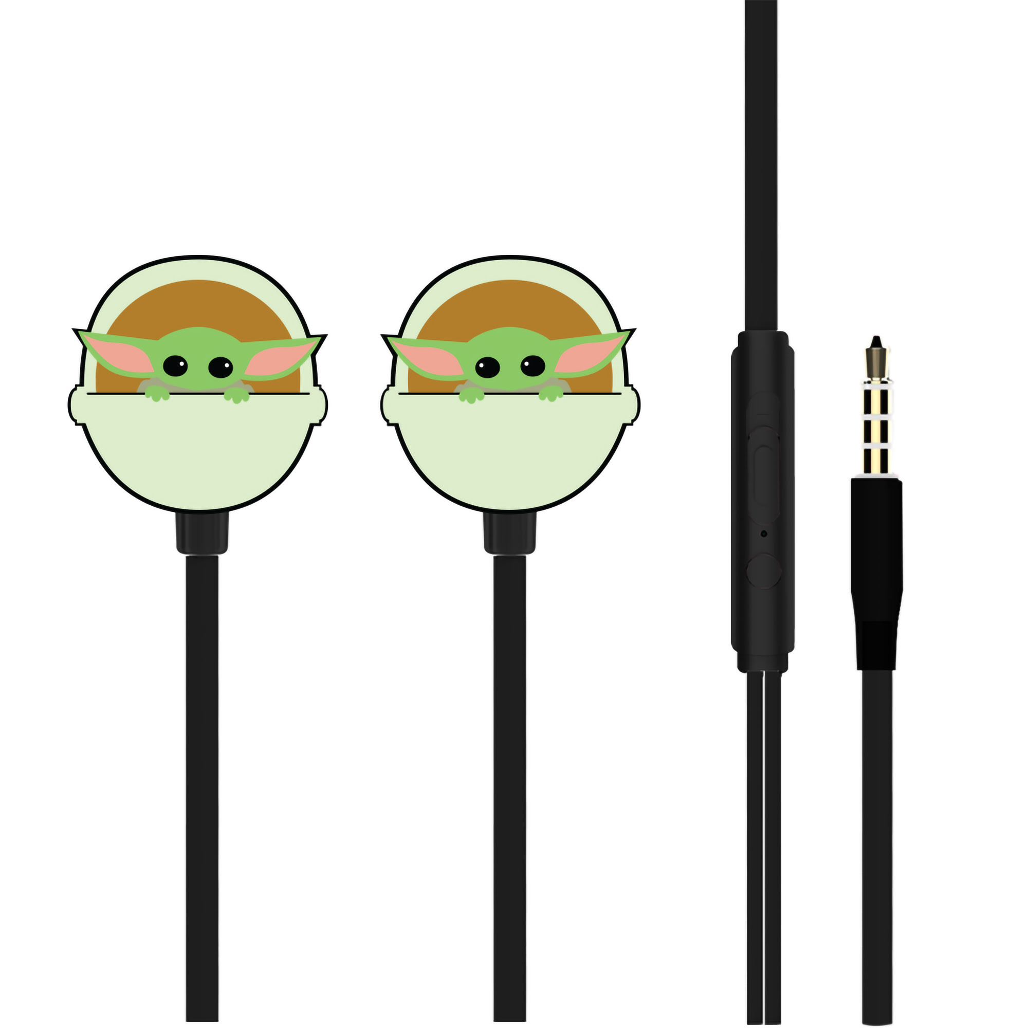 Auricolari con figure di Grogu sugli auricolari e un cavo nero.