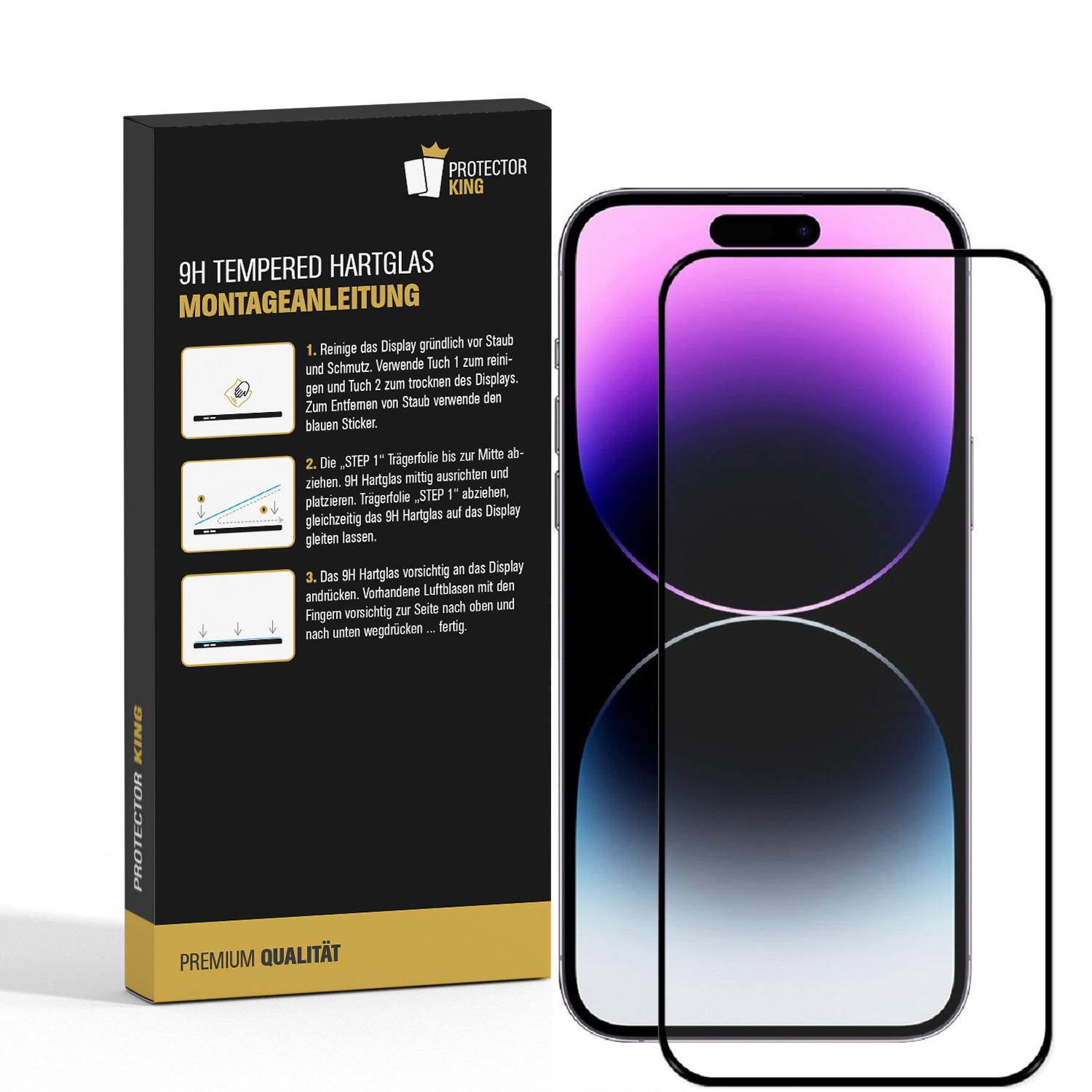 Hartglas Pro FULL 9H COVER PROTECTORKING KLAR iPhone 14 4x HD Max) Displayschutzfolie(für Apple