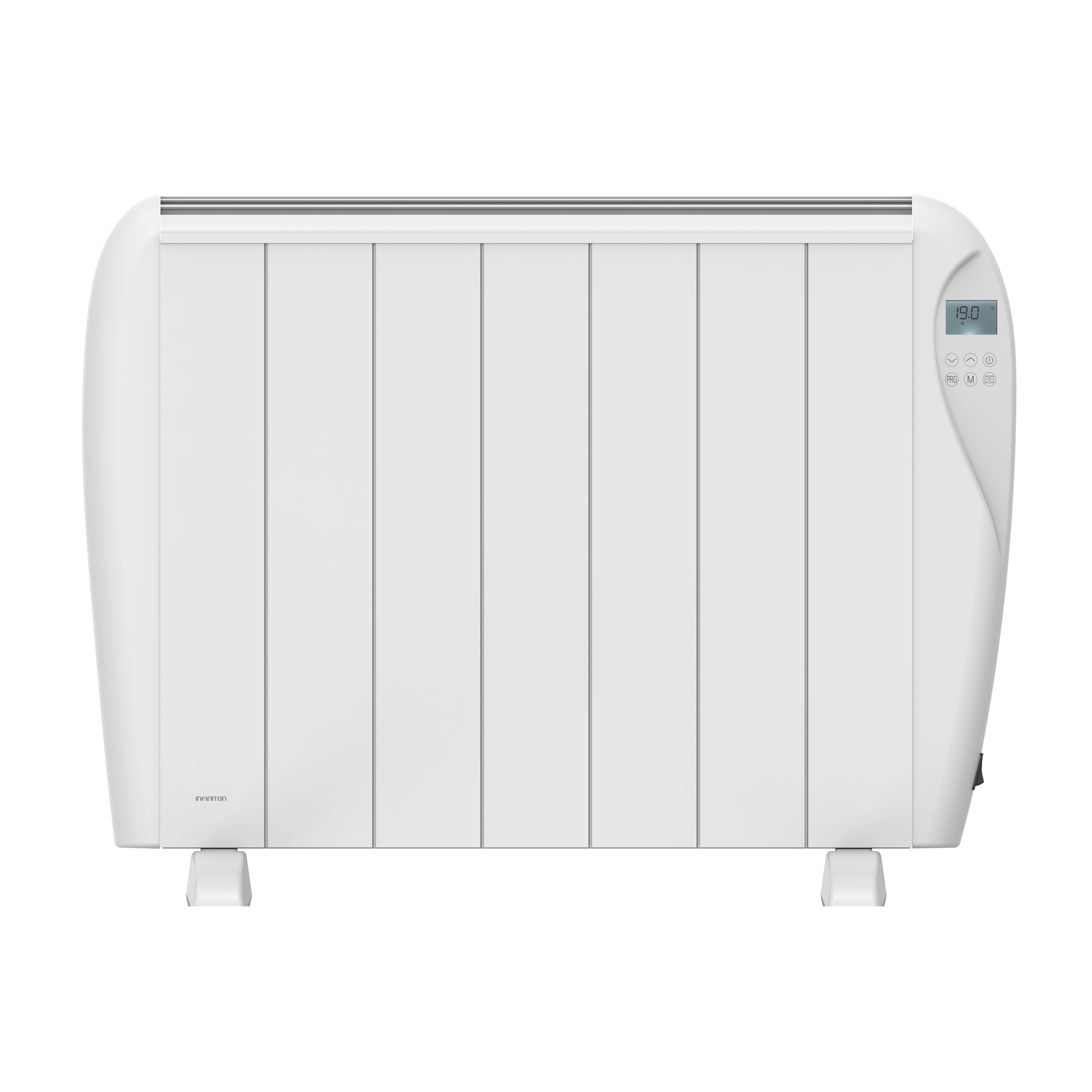 Radiador eléctrico blanco con pantalla digital. Fondo blanco.
