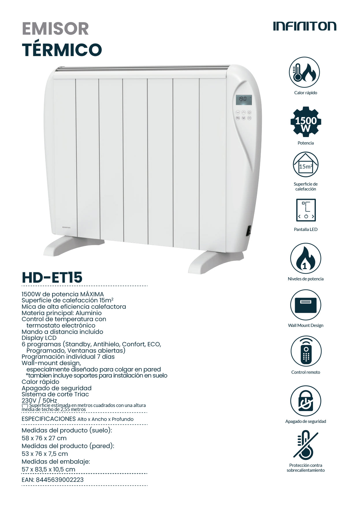 Radiador eléctrico blanco con texto e iconos. El texto incluye potencia, superficie.