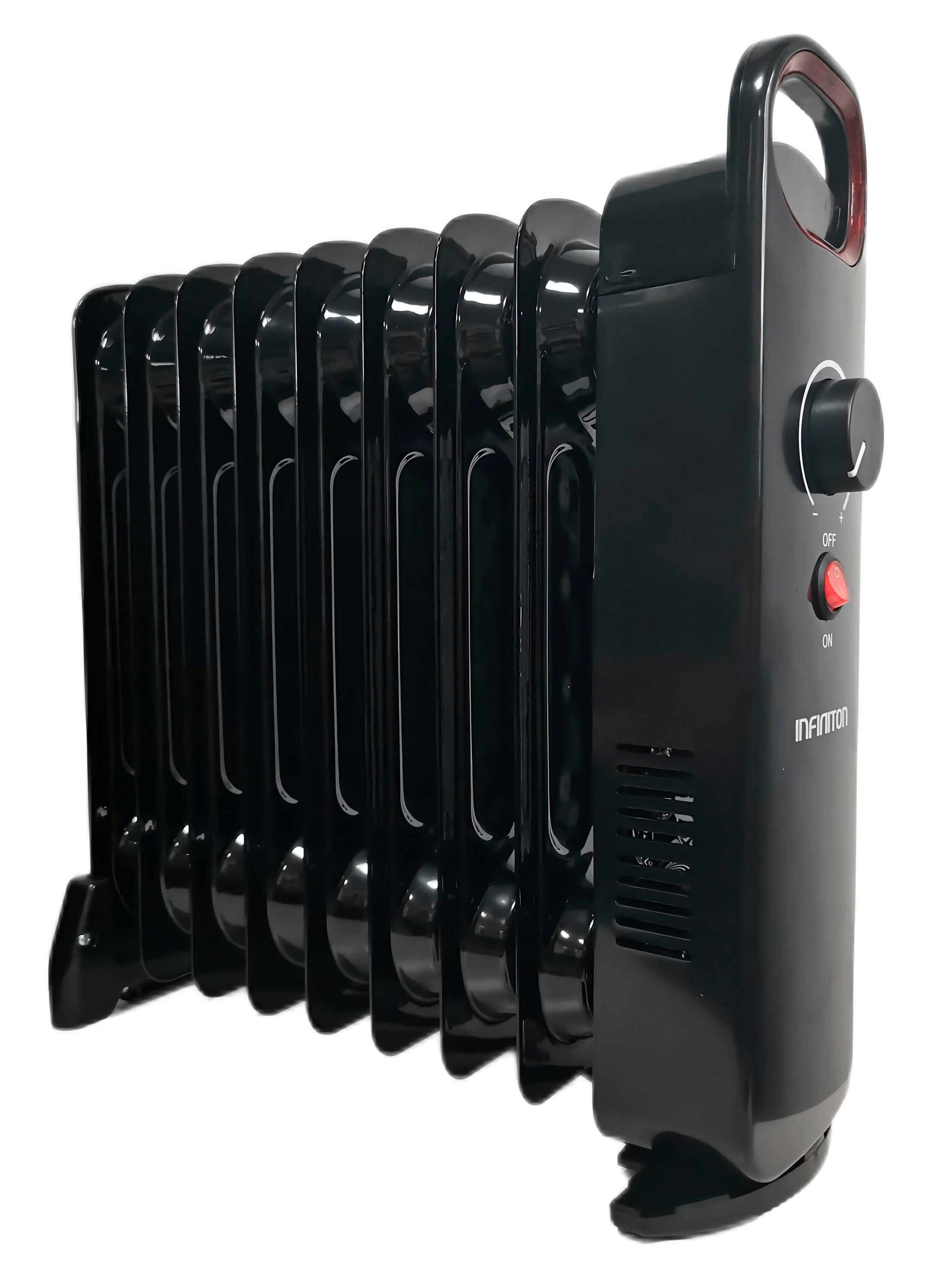 Termosifone radiatore a olio nero con più alette verticali e un pannello di controllo.