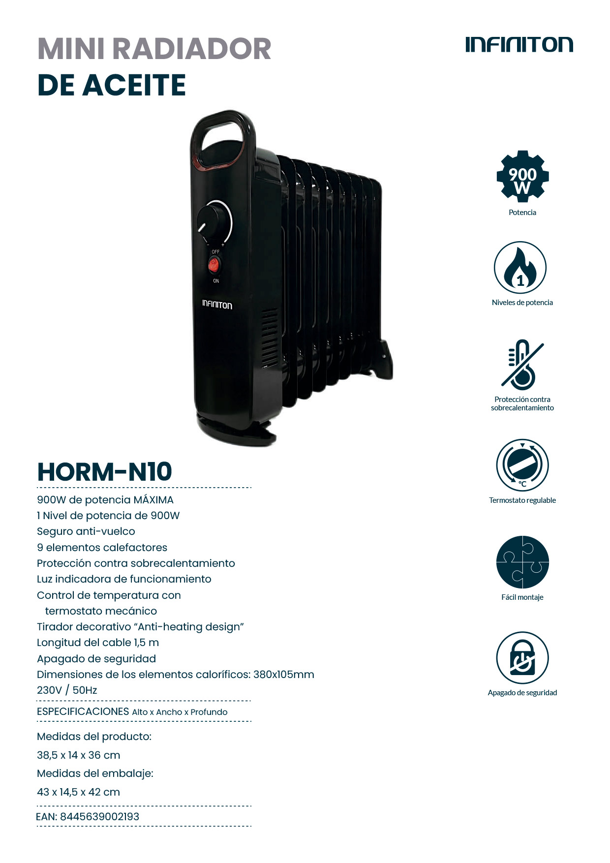 Mini radiatore ad olio nero con testo e icone su sfondo bianco. Mostra simboli di potenza e sicurezza.