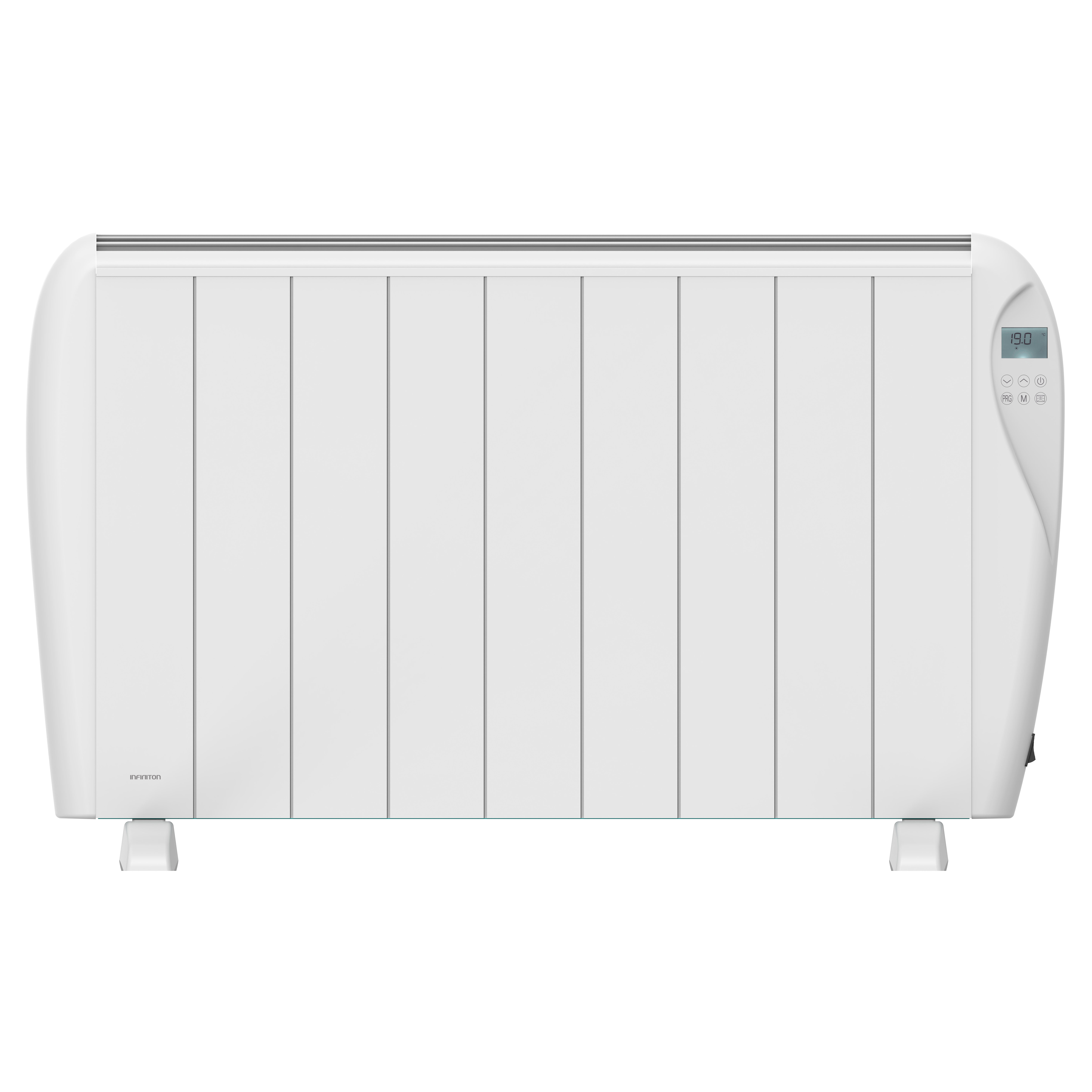 Radiador eléctrico blanco con siete barras verticales y una pantalla digital lateral.