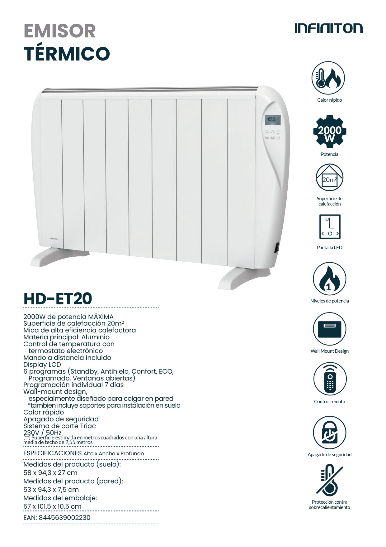 Un calefactor radiante HD-ET20 blanco con pantalla digital, botones e iconos y descripciones variadas.