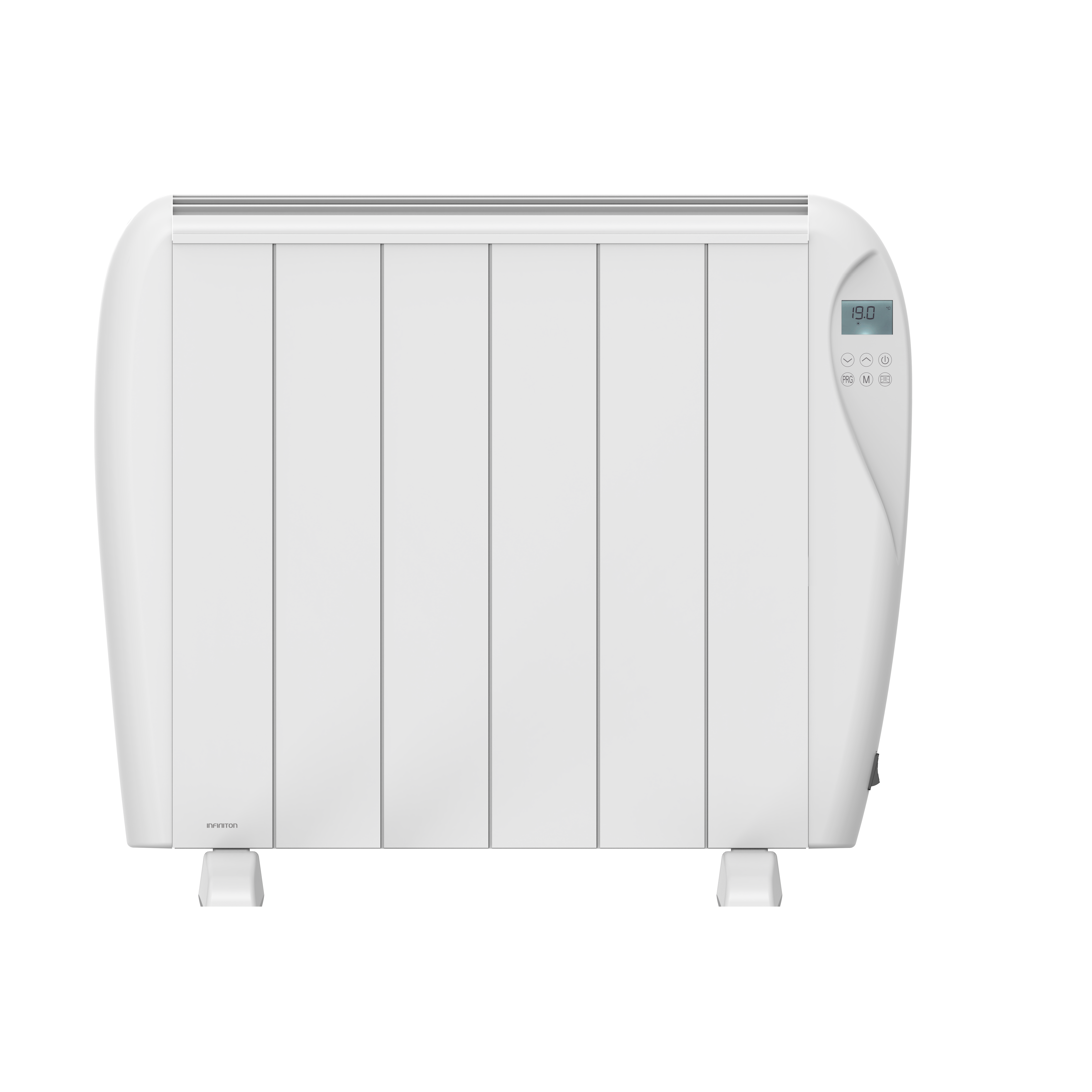 Radiador eléctrico blanco con pantalla digital y fondo negro. Tiene líneas verticales y pies.