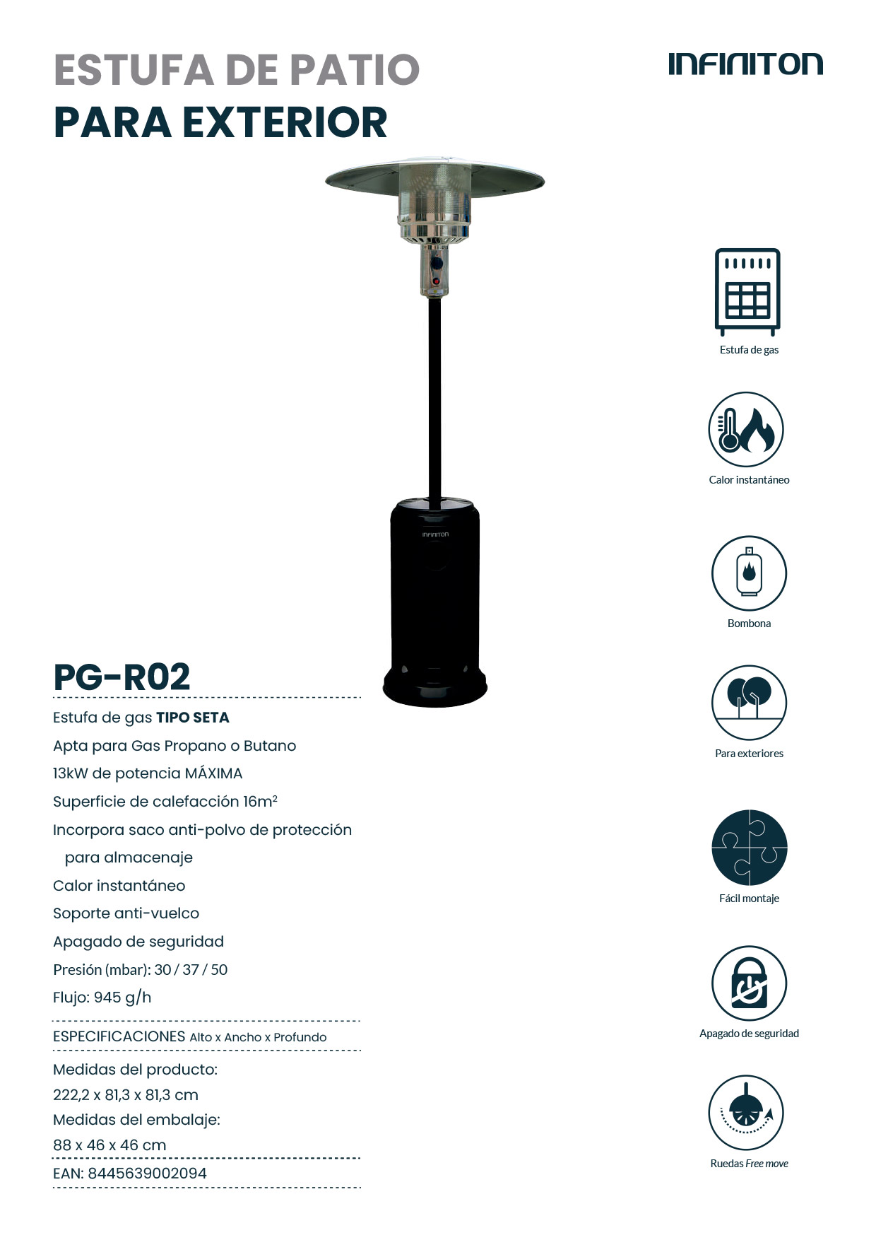Calentador de patio para exteriores con especificaciones, incluyendo tipo de gas, potencia y dimensiones.