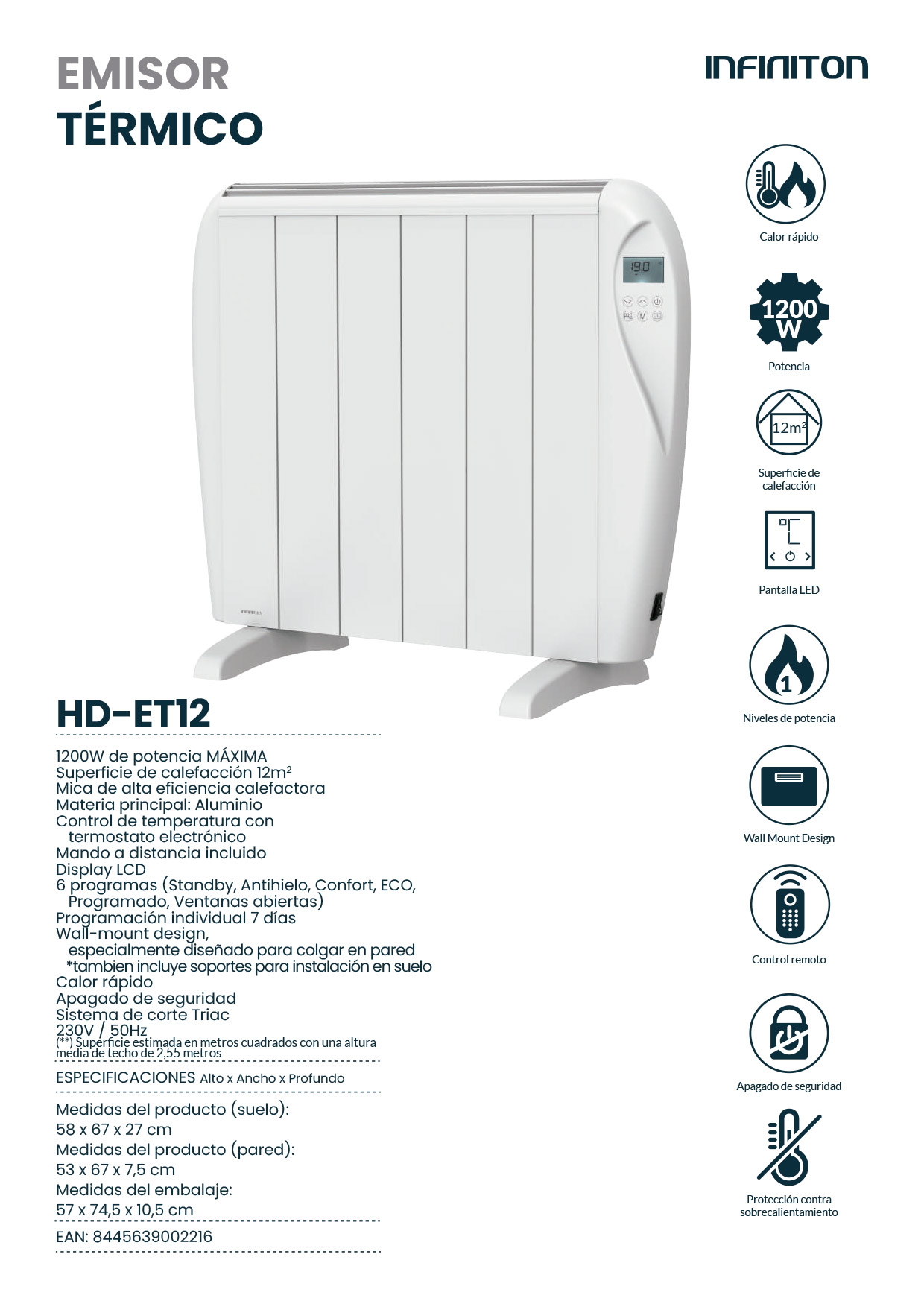 Radiador blanco con texto e iconos, mostrando detalles del producto.