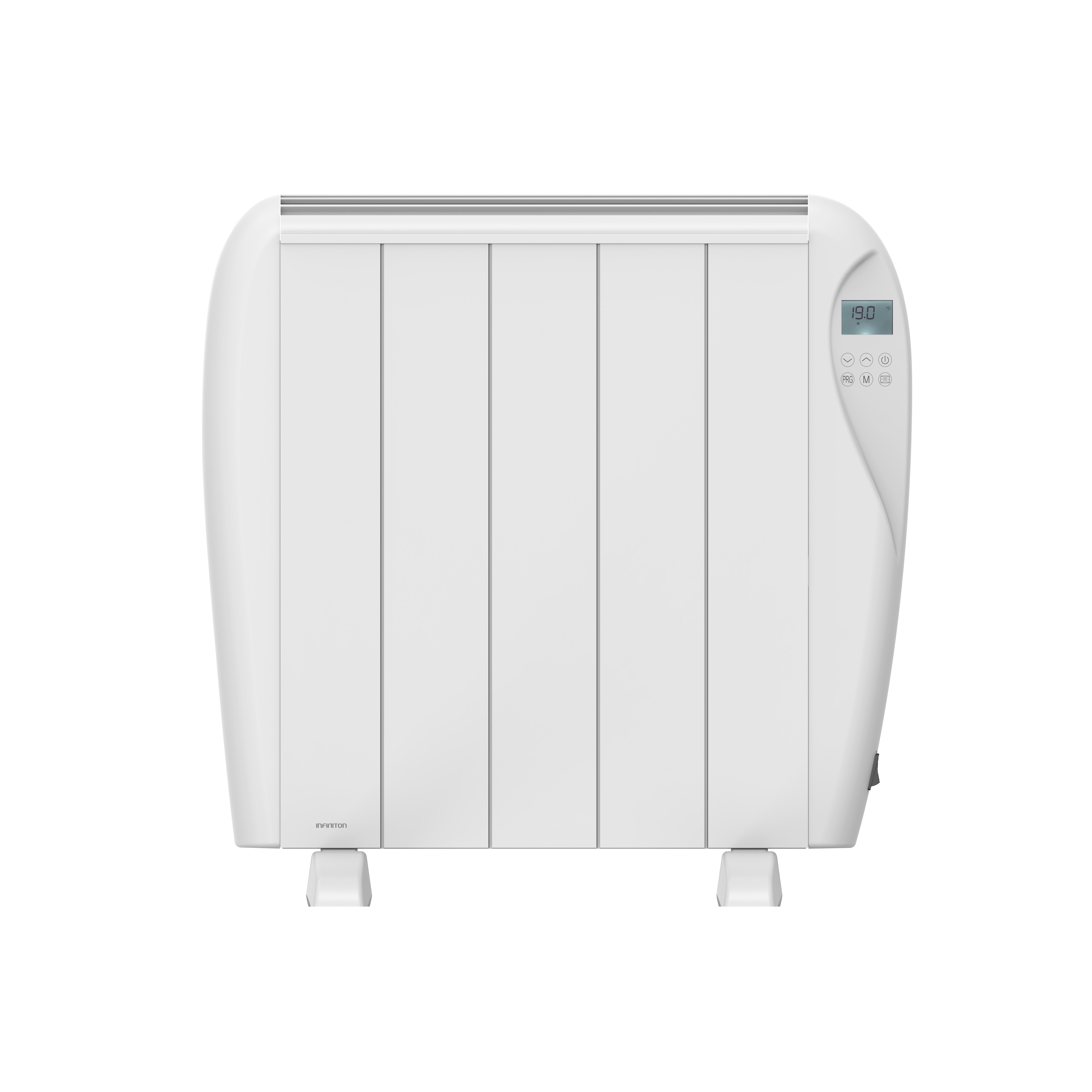 Calentador eléctrico blanco con pantalla digital que muestra 19.0 grados.