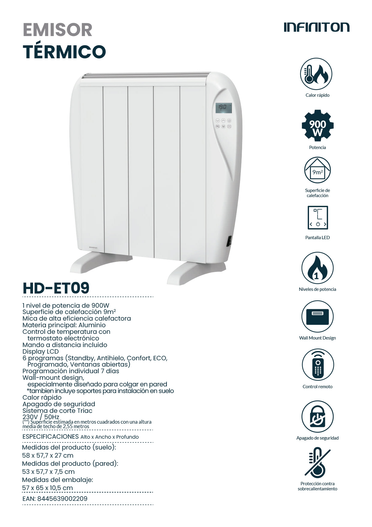 Calentador eléctrico blanco con texto e iconos, sobre fondo blanco. Texto español.
