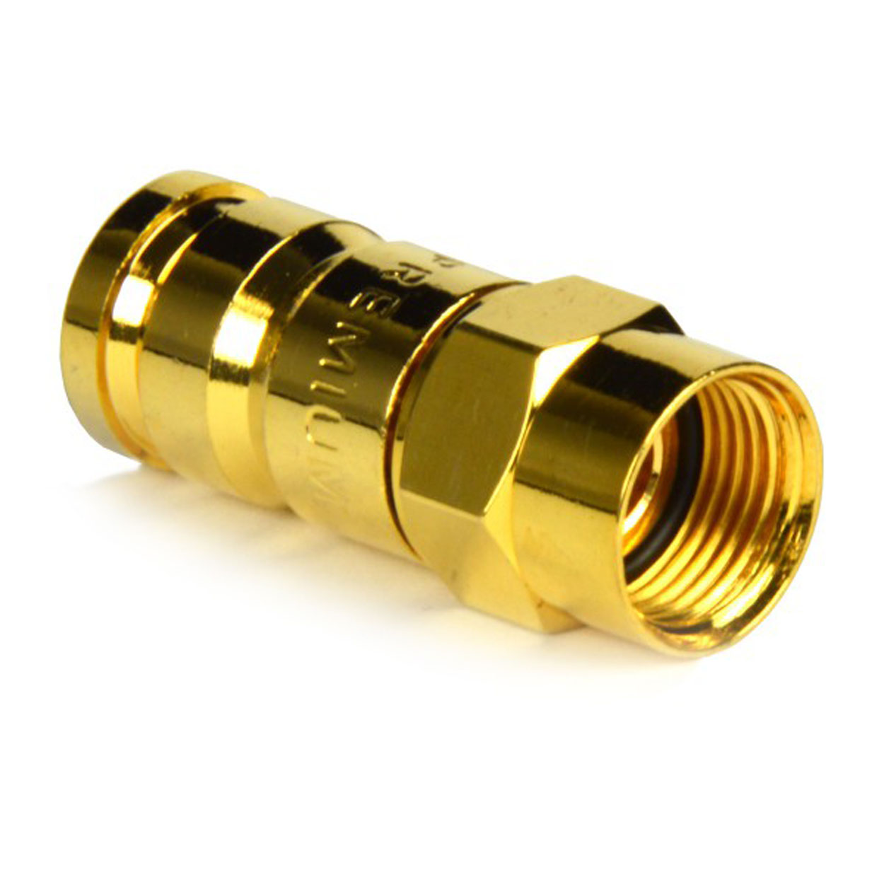 Goldfarbener Koaxialstecker, zylindrische Form, glänzendes Metall.
