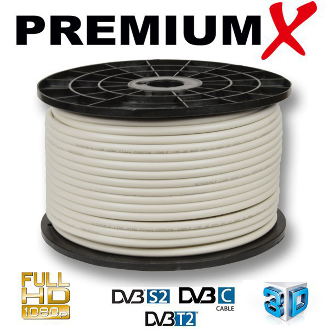 Weißes Kabel auf schwarzer Rolle mit Text, 'PREMIUM X' und 'FULL HD'.