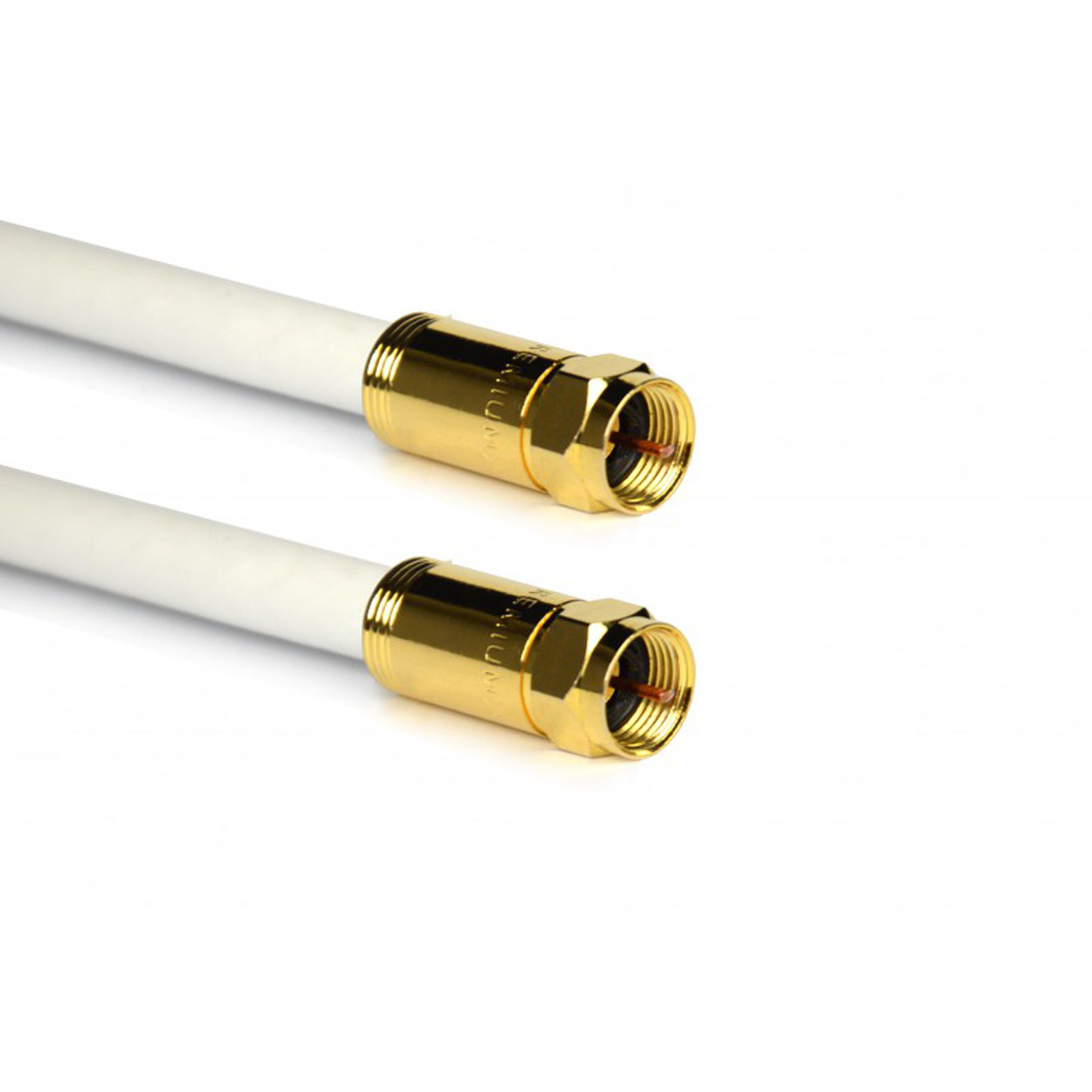 Zwei weiße Koaxialkabel mit goldenen Steckern, weißer Hintergrund.