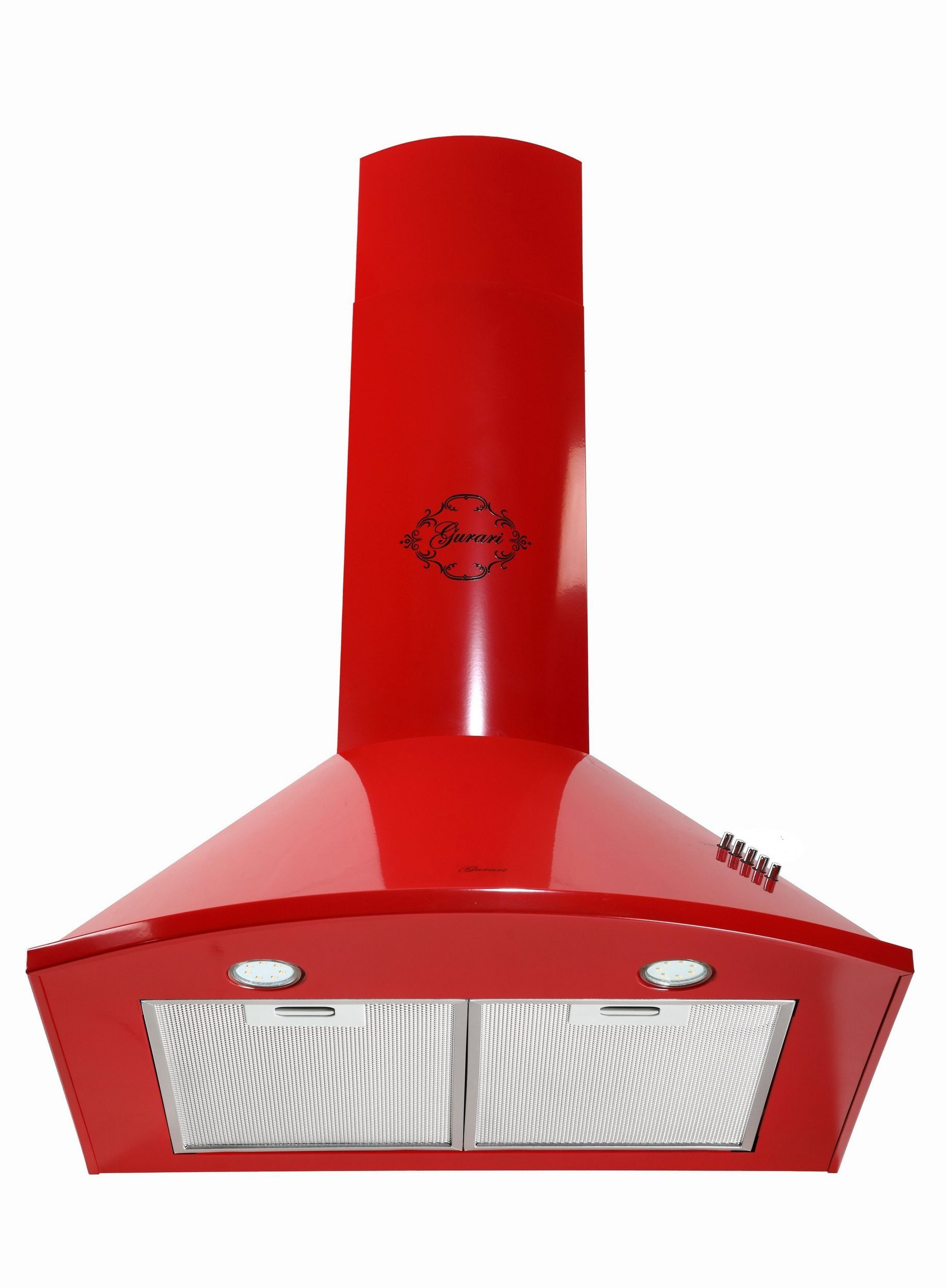 Eine rote Dunstabzugshaube mit silbernem Logo auf weißem Hintergrund.