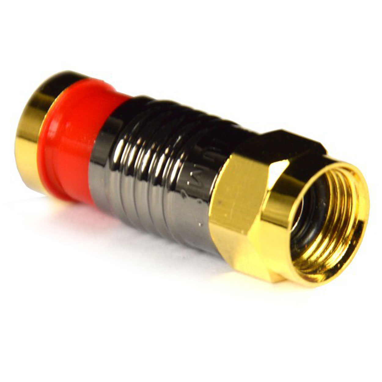 Ein gold-roter F-Stecker für Koaxialkabel. Es hat eine metallische Oberfläche.