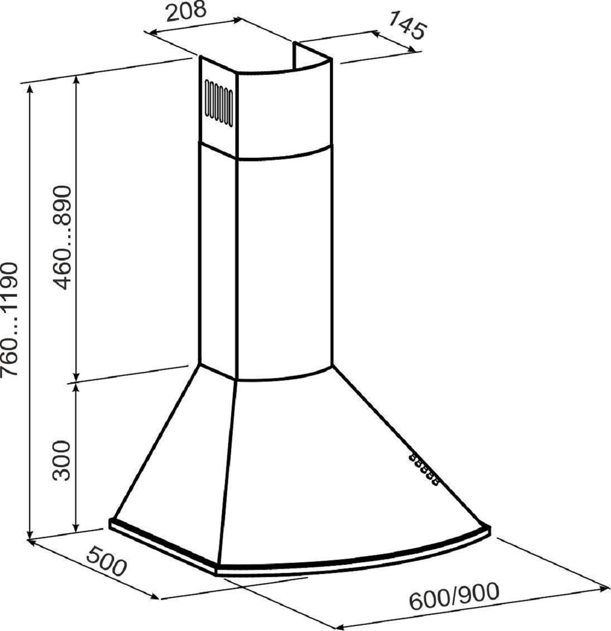 Diagramm einer Küchenhaube mit Maßangaben, eine Schwarz-Weiß-Illustration.