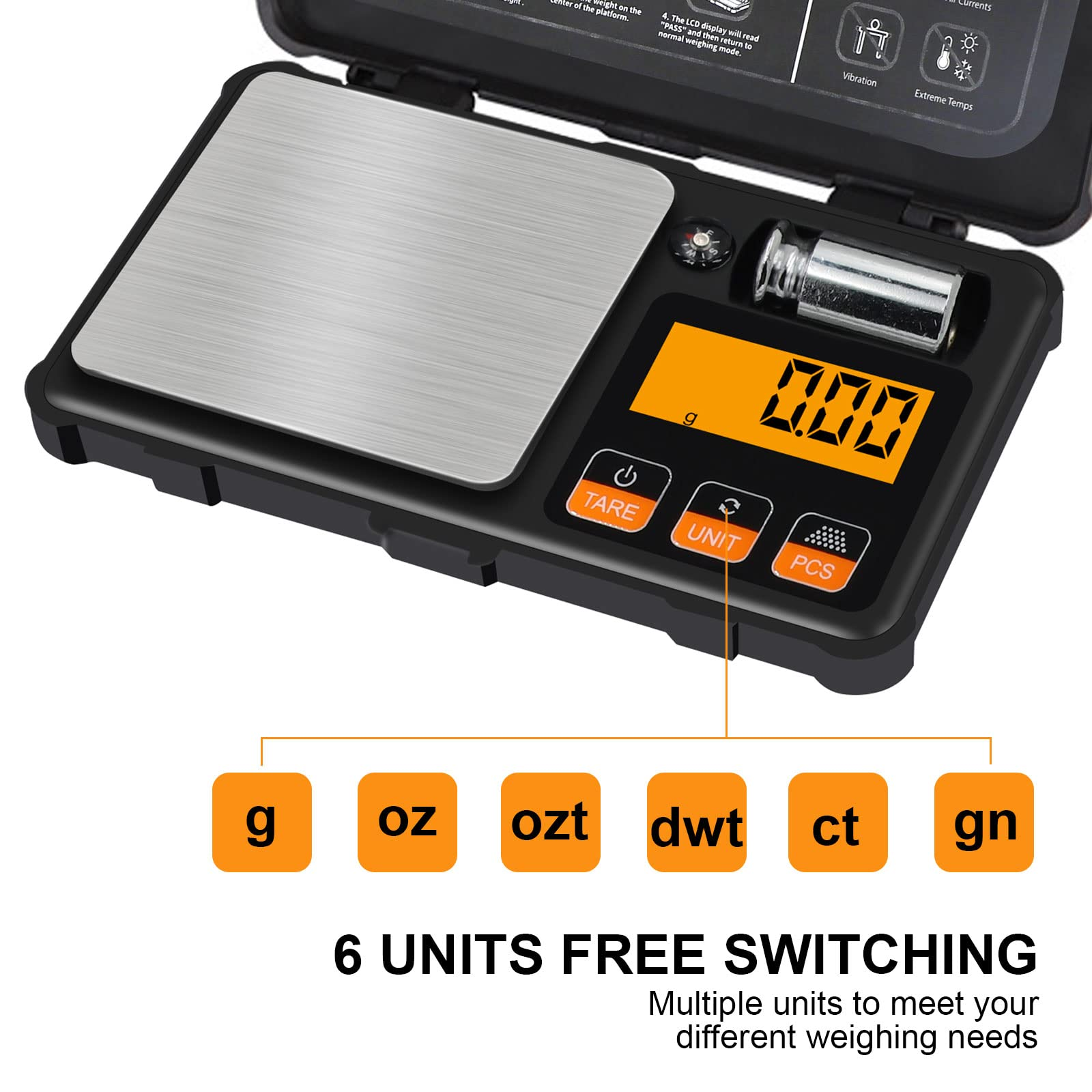 Czarna waga cyfrowa z wyświetlaczem pokazującym '0.00' i przyciskami funkcyjnymi.