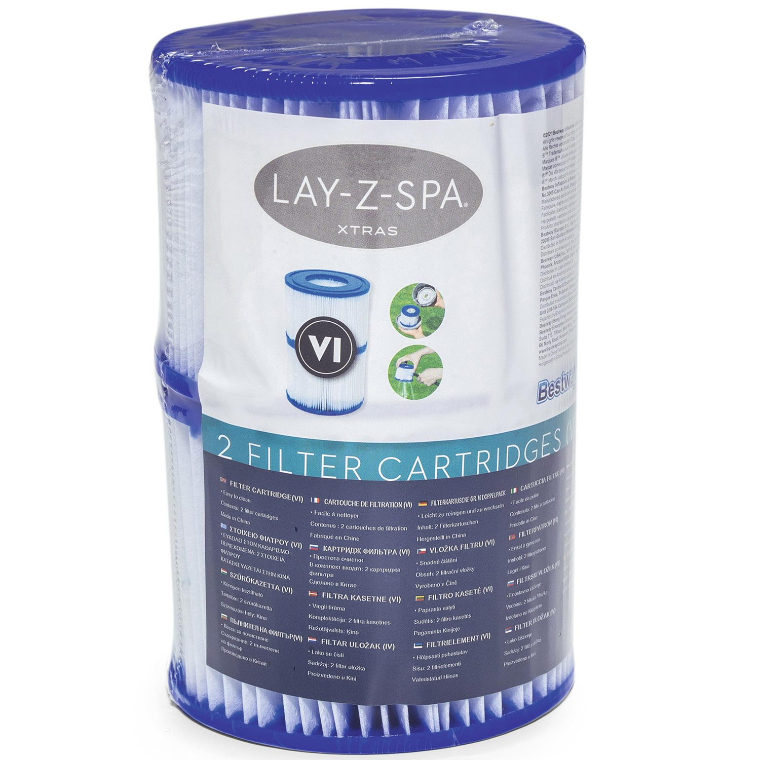 Un paquete de dos filtros de piscina con bordes azules, etiquetado 'LAY-Z-SPA XTRAS'.