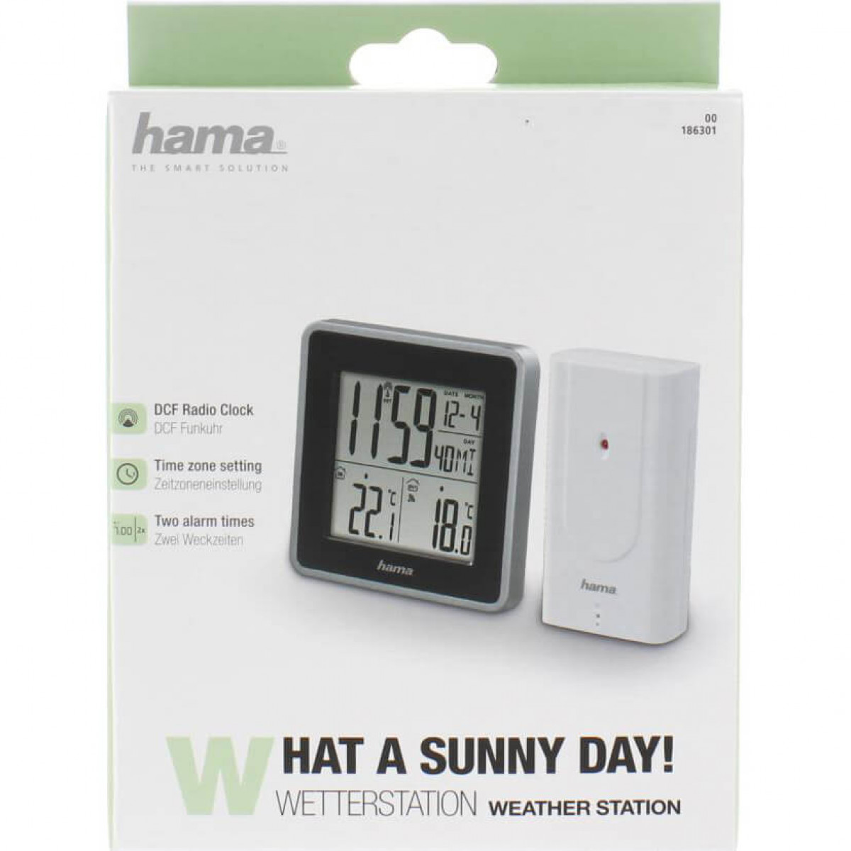 Een weerstation doos met een digitale klok en een aparte sensor. De tekst luidt 'Zonnige Dag!'
