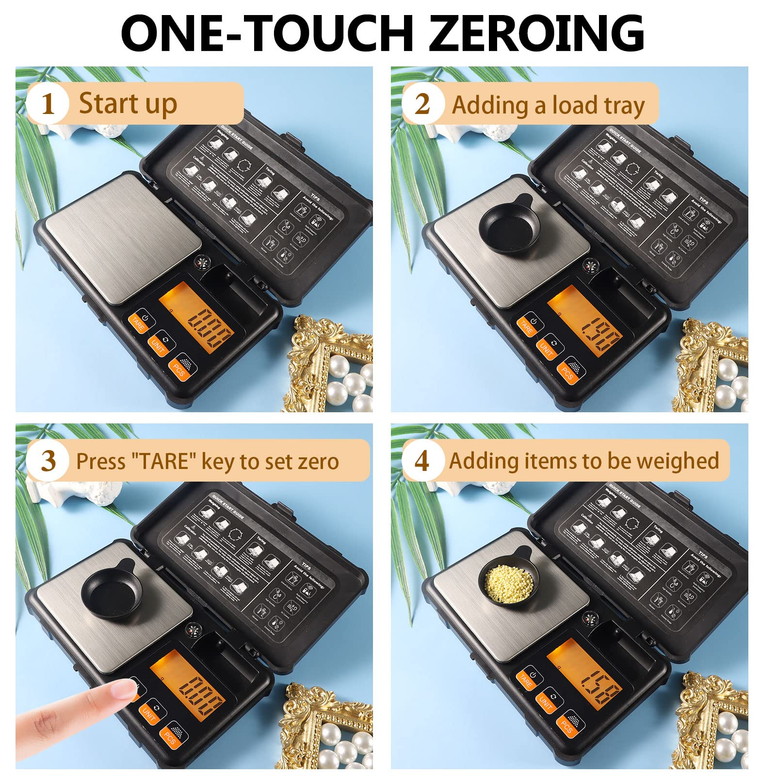 Waga cyfrowa z czarną pokrywą i tacką, z instrukcją obsługi.