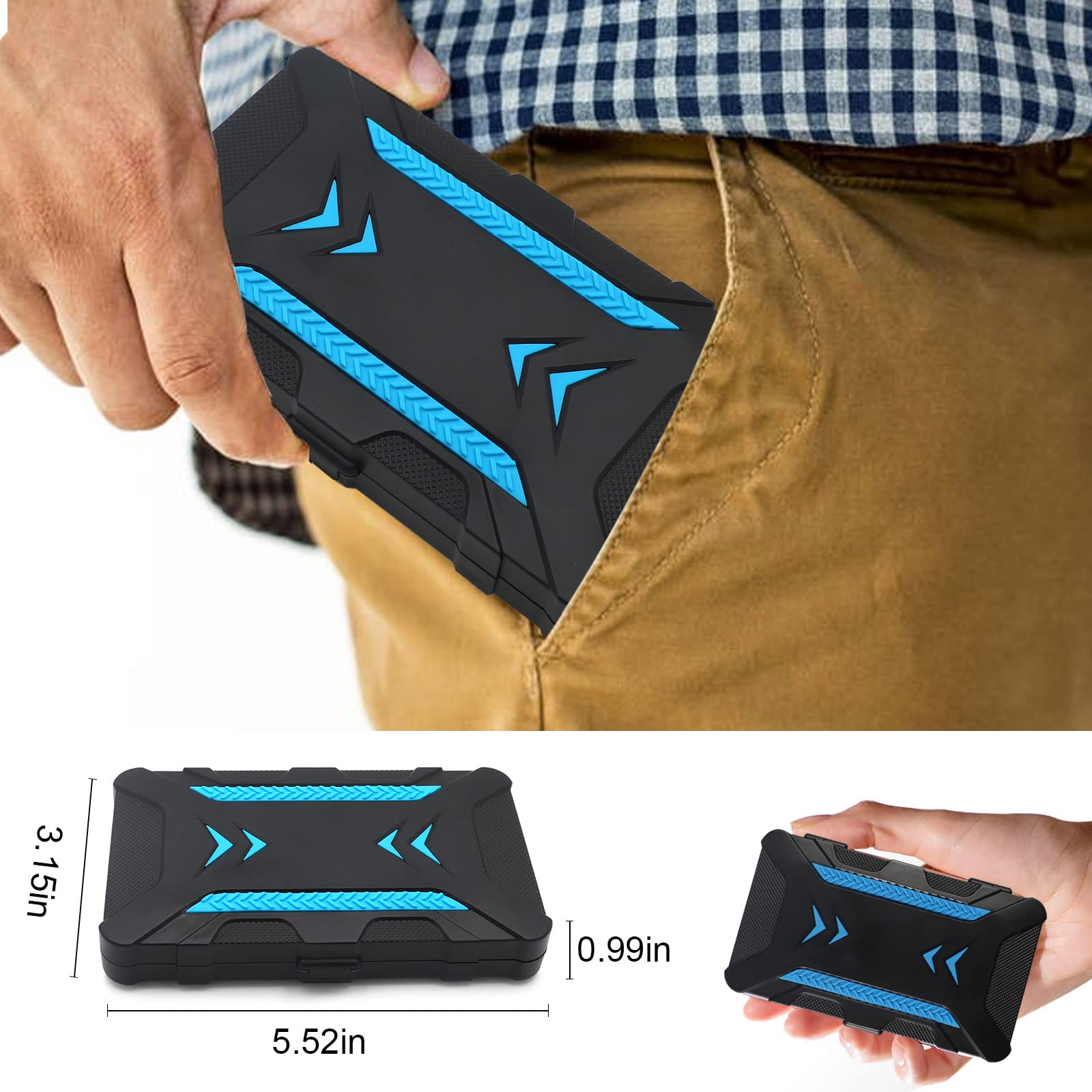 Czarna i niebieska obudowa dysku twardego z wymiarami, w kieszeni i w dłoni.