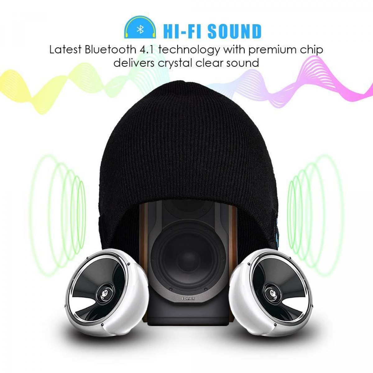 Eine schwarze Mütze mit einem Lautsprechersystem. Ein Lautsprechersystem ist mit Lautsprechern verbunden. Text: Hi-Fi Sound