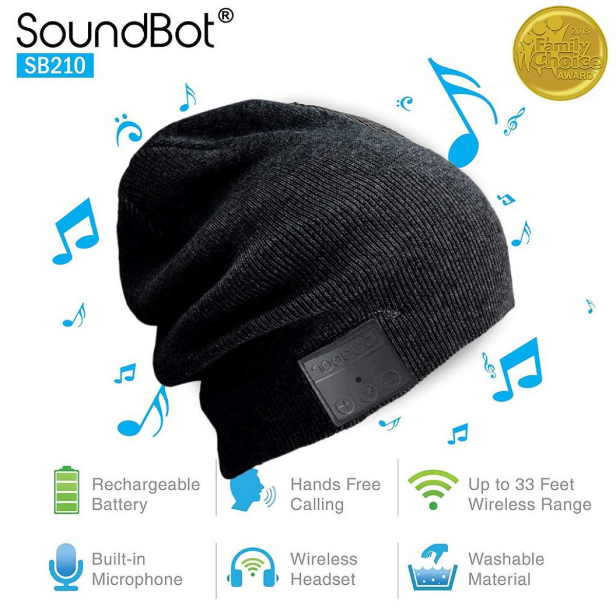 Schwarze SoundBot-Mütze mit Noten, Akku und weiteren Funktionen.
