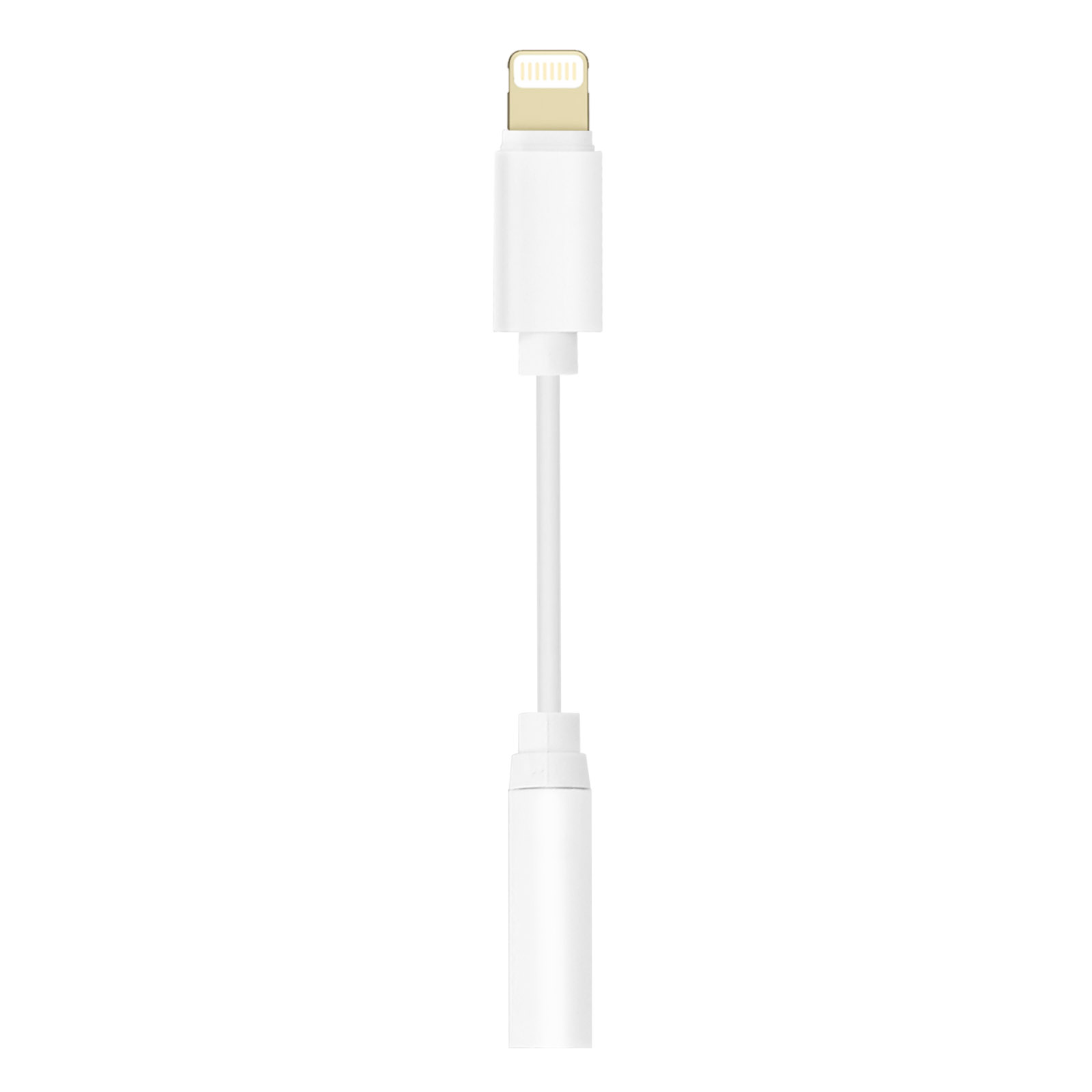 Un adattatore da Lightning a jack per cuffie da 3,5 mm bianco. È un cavo corto con un connettore su ciascuna estremità.