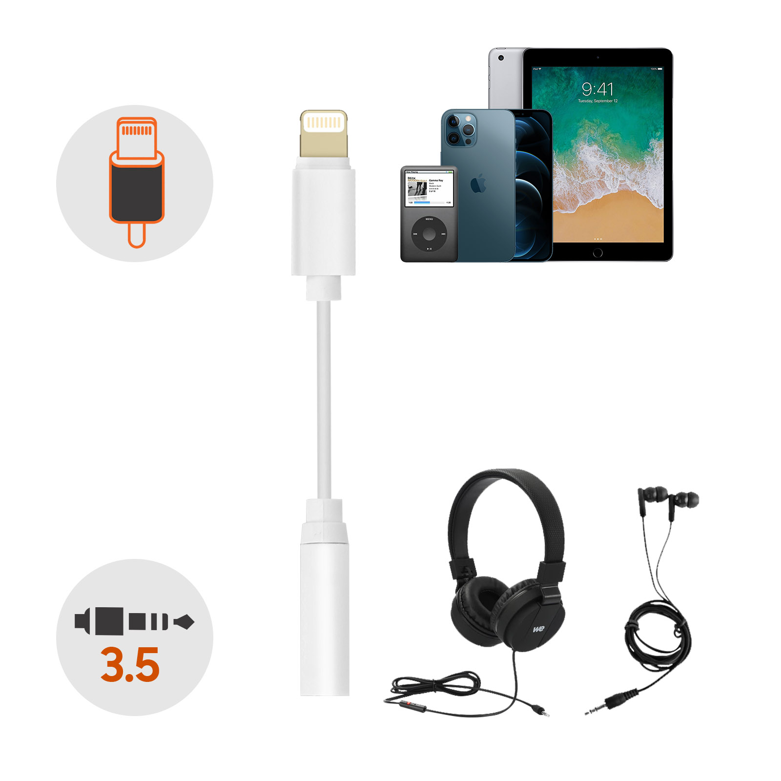 Elettronica tra cui adattatore, cuffie e dispositivi mobili.