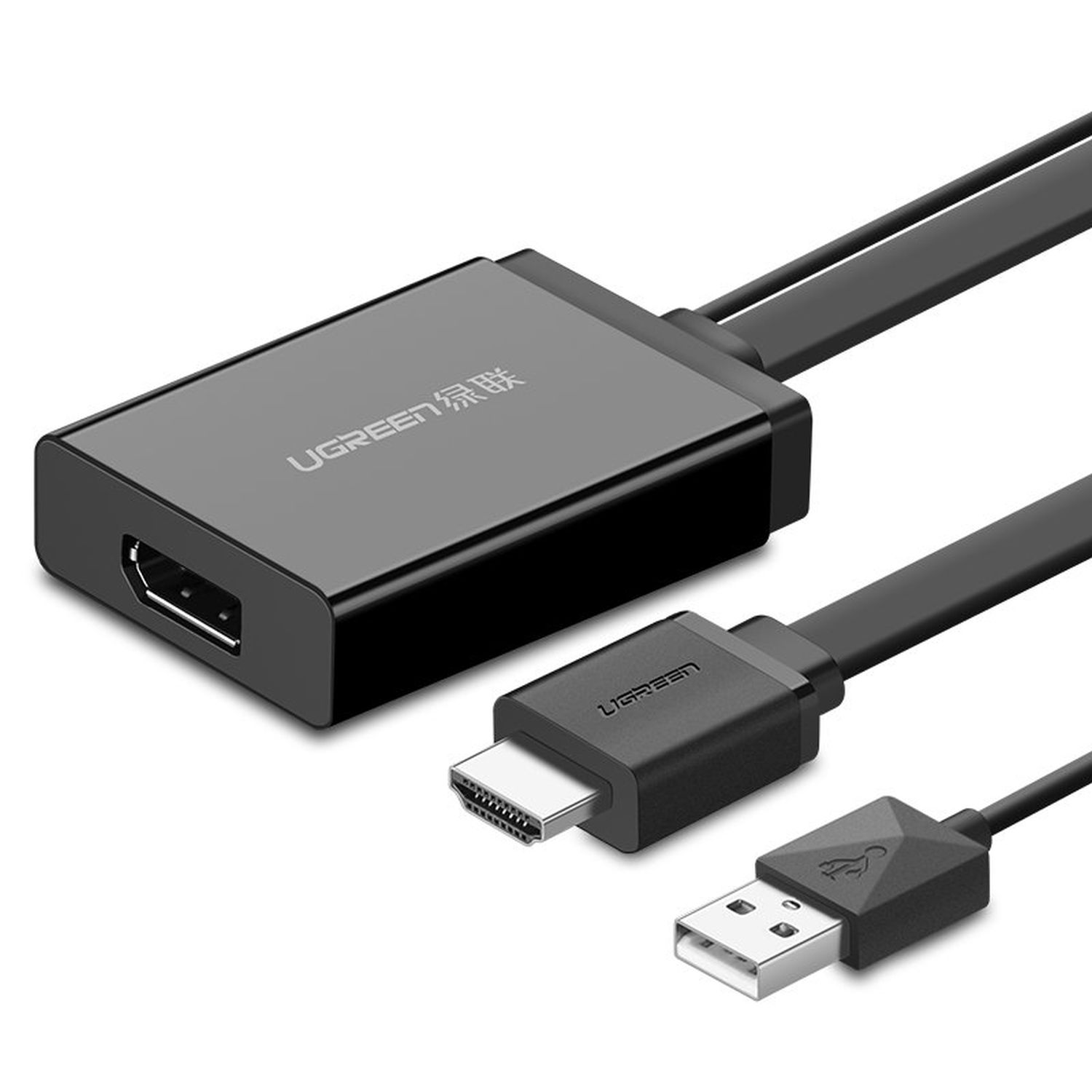 Schwarzer HDMI-zu-USB-Adapter mit schwarzen HDMI- und USB-Kabeln.