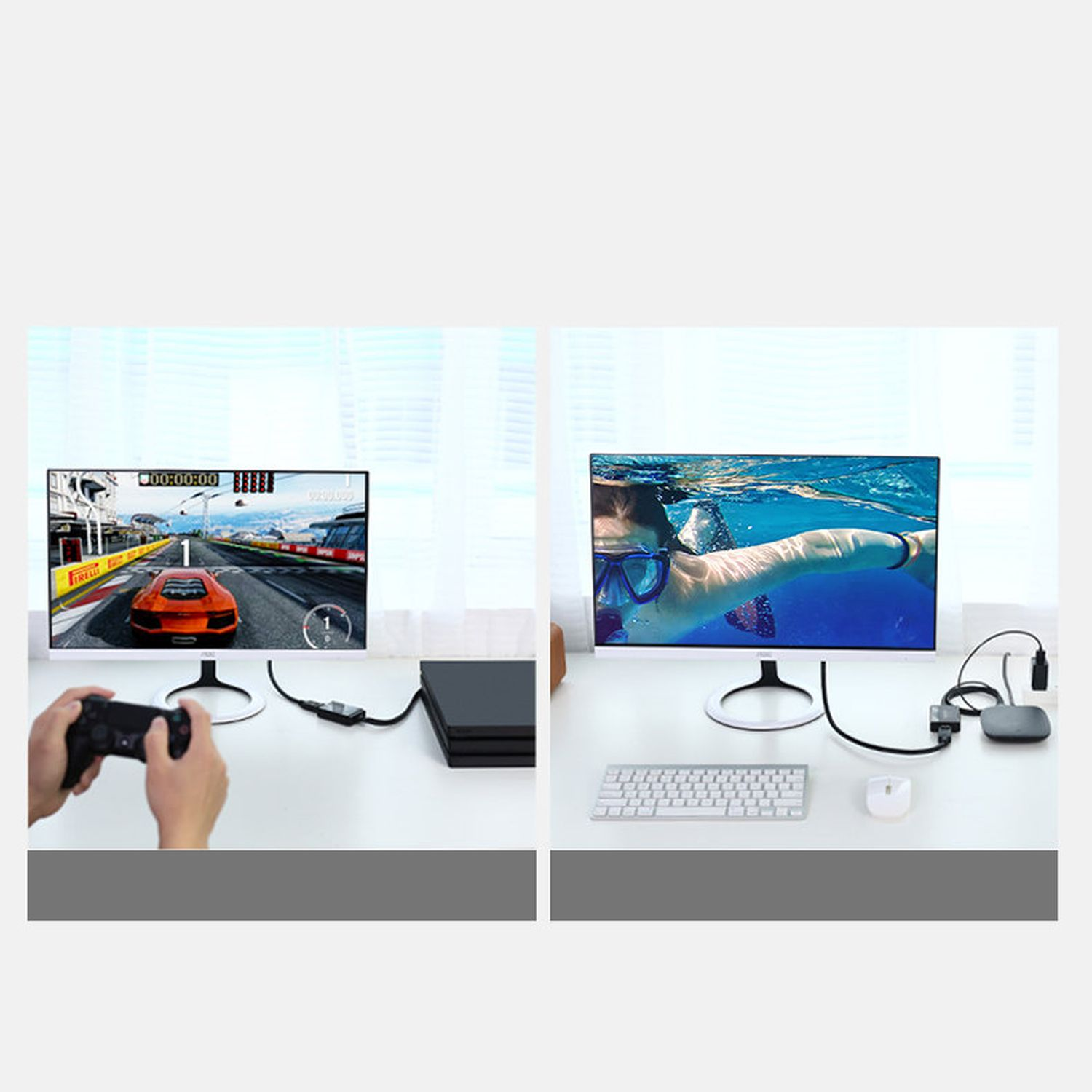Zwei Bildschirme, die ein Spiel und einen Schwimmer im Wasser zeigen.