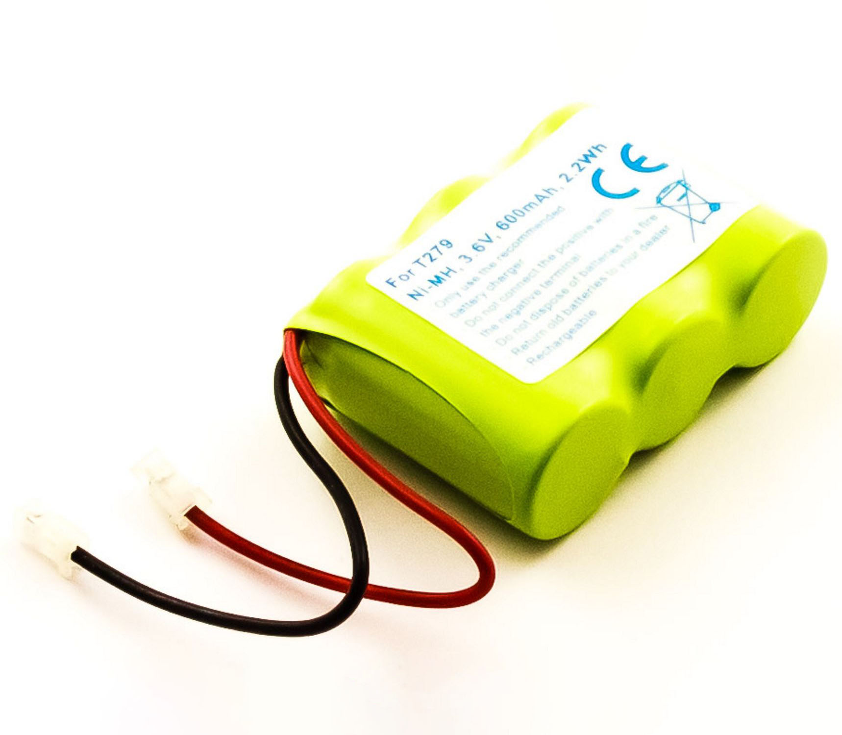 Grüne Batterie mit schwarzen und roten Drähten, weißen Steckern, weißer Hintergrund.