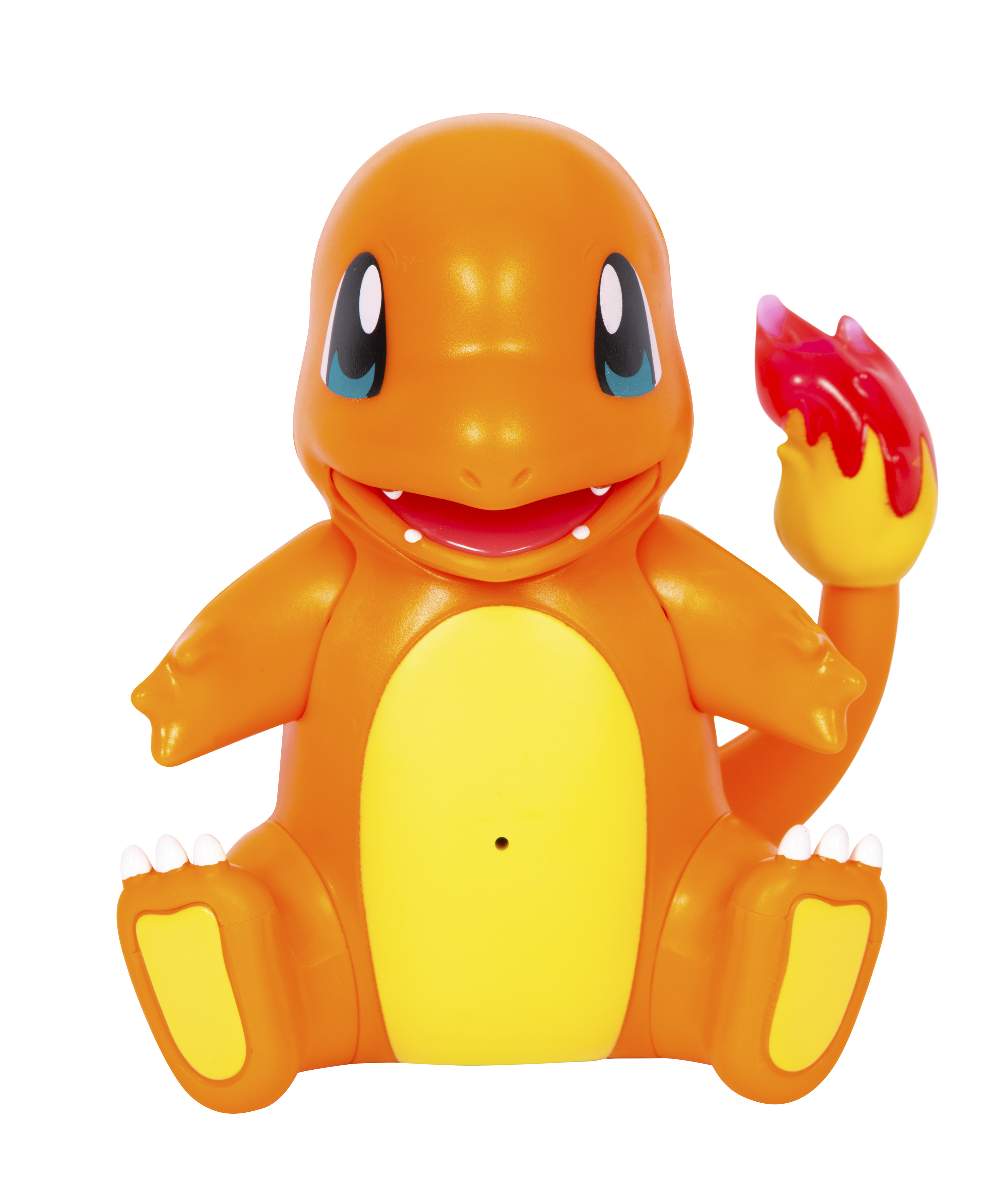 Eine sitzende Charmander-Spielzeugfigur. Sie ist orange mit gelbem Bauch und einer Flamme auf dem Schwanz.