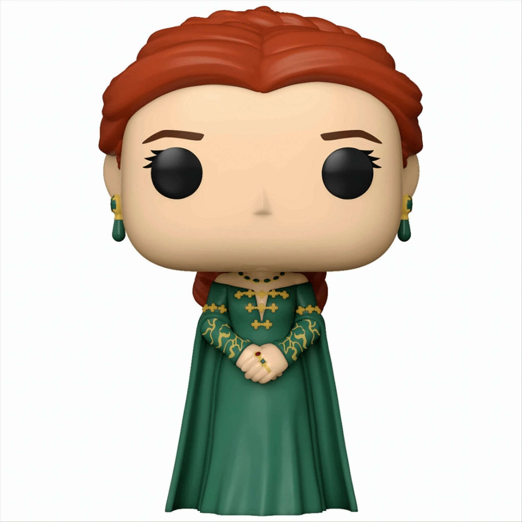 Una figura Funko Pop di una donna in un vestito verde, con capelli rossi e gioielli d'oro.