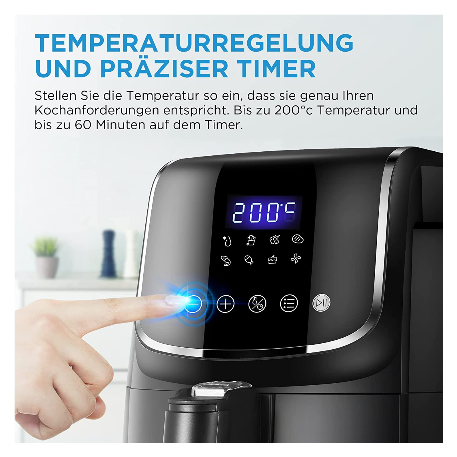 Ein schwarzes Heißluftfritteusen-Bedienfeld mit Temperatur- und Timeranzeige, Finger berührt eine Taste.