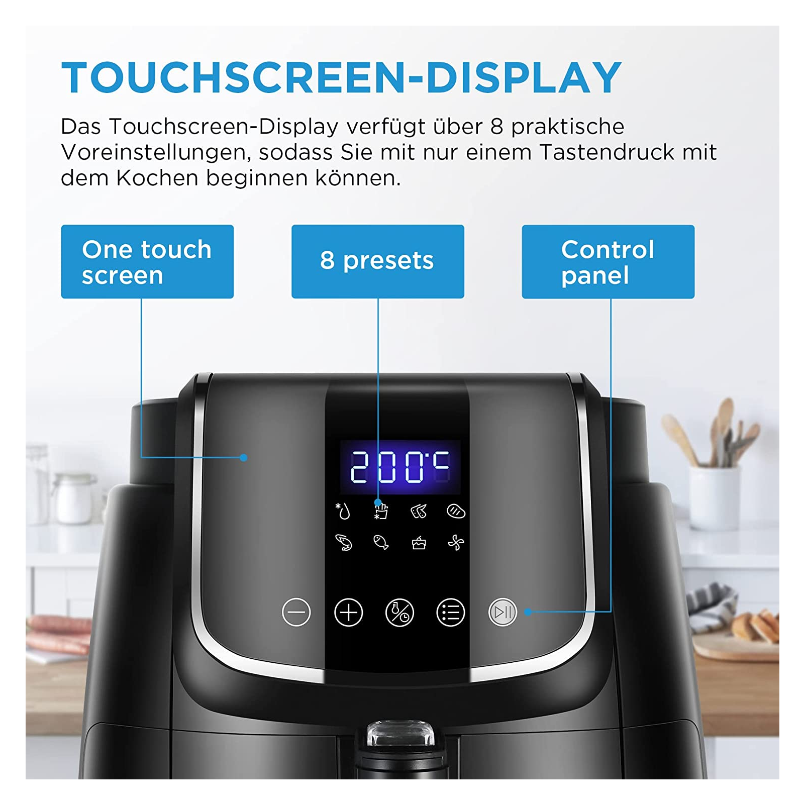 Schwarze Heißluftfritteuse mit Touchscreen-Display, einschließlich One-Touch-Screen, 8 Voreinstellungen.