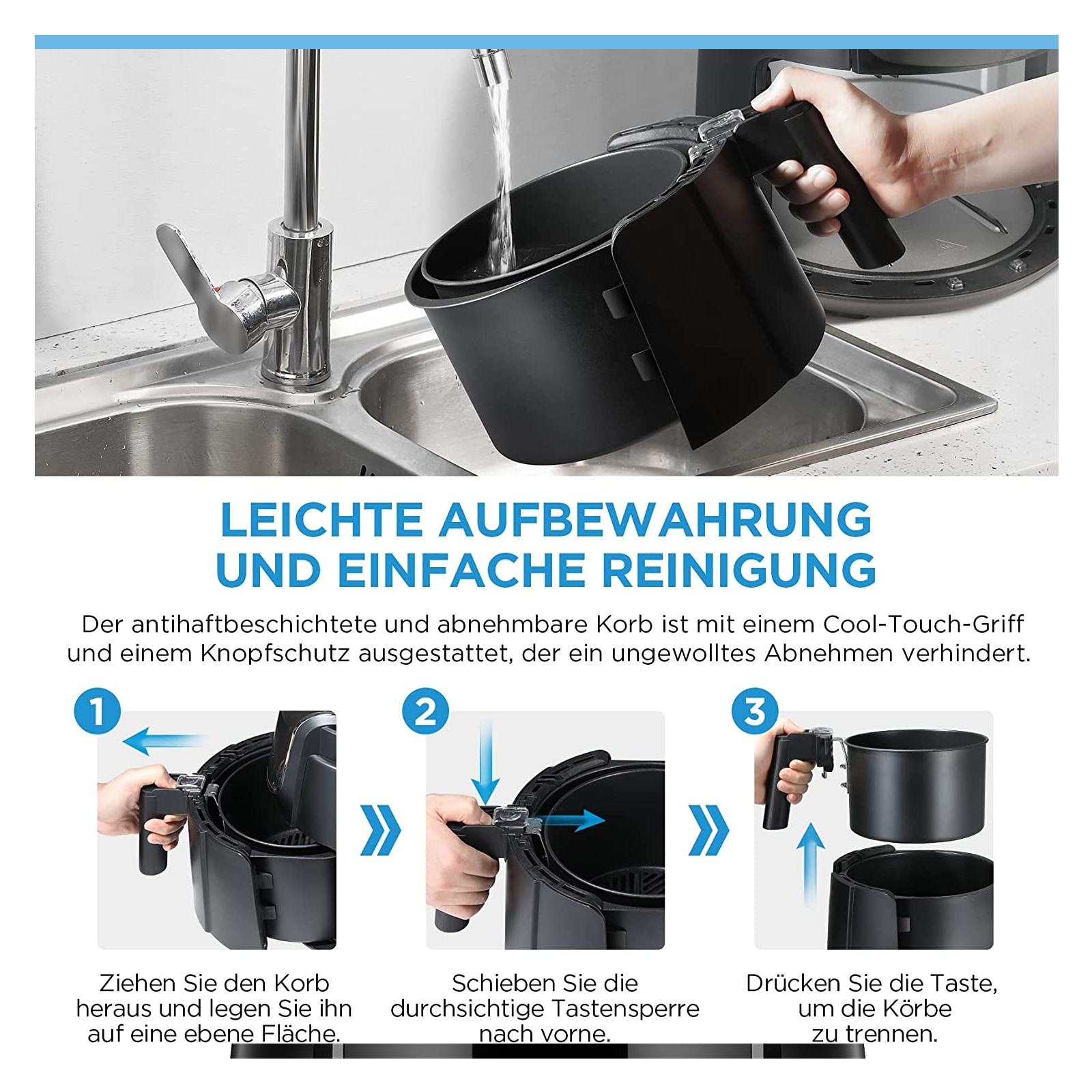 Schritte zum Reinigen einer Heißluftfritteuse: Herausnehmen des Korbs und Trennen der Teile.