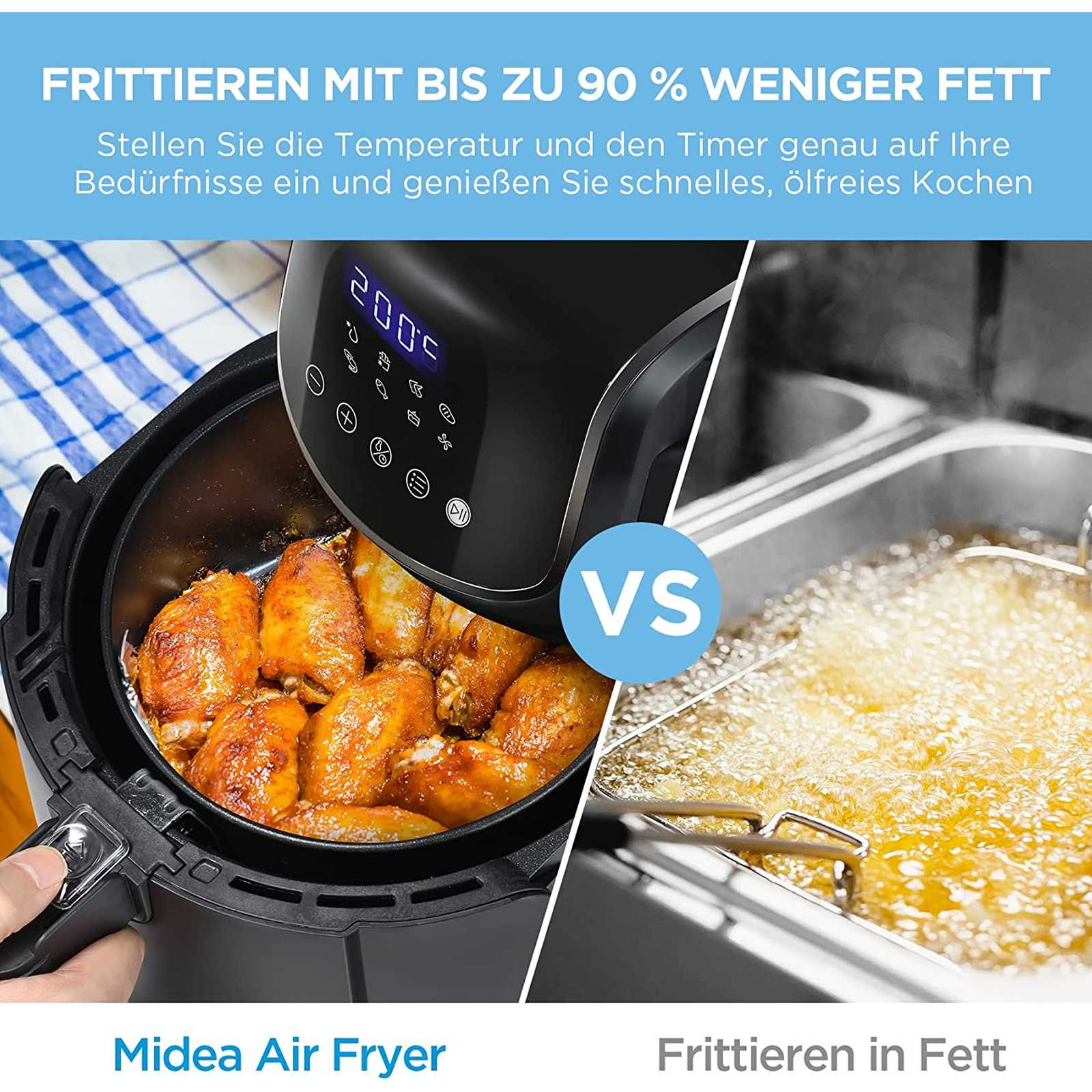Ein Vergleich zwischen einer Midea Heißluftfritteuse und Tiefbraten, der frittierte Speisen in beiden zeigt.