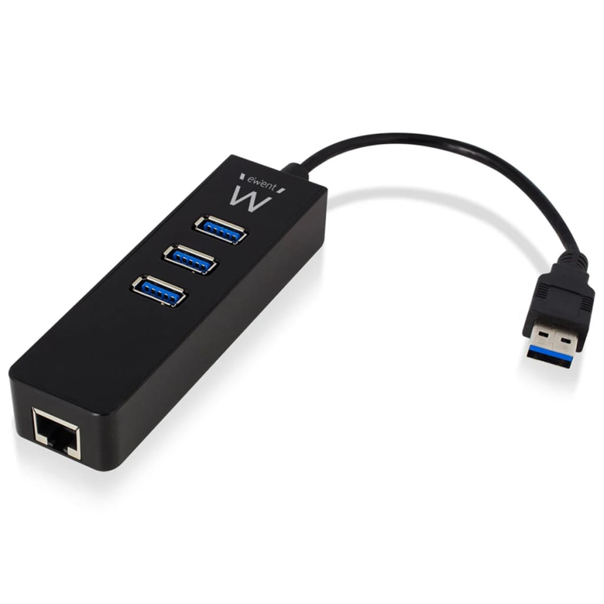 Un hub USB nero con 3 porte USB e una porta Ethernet. Sfondo bianco.