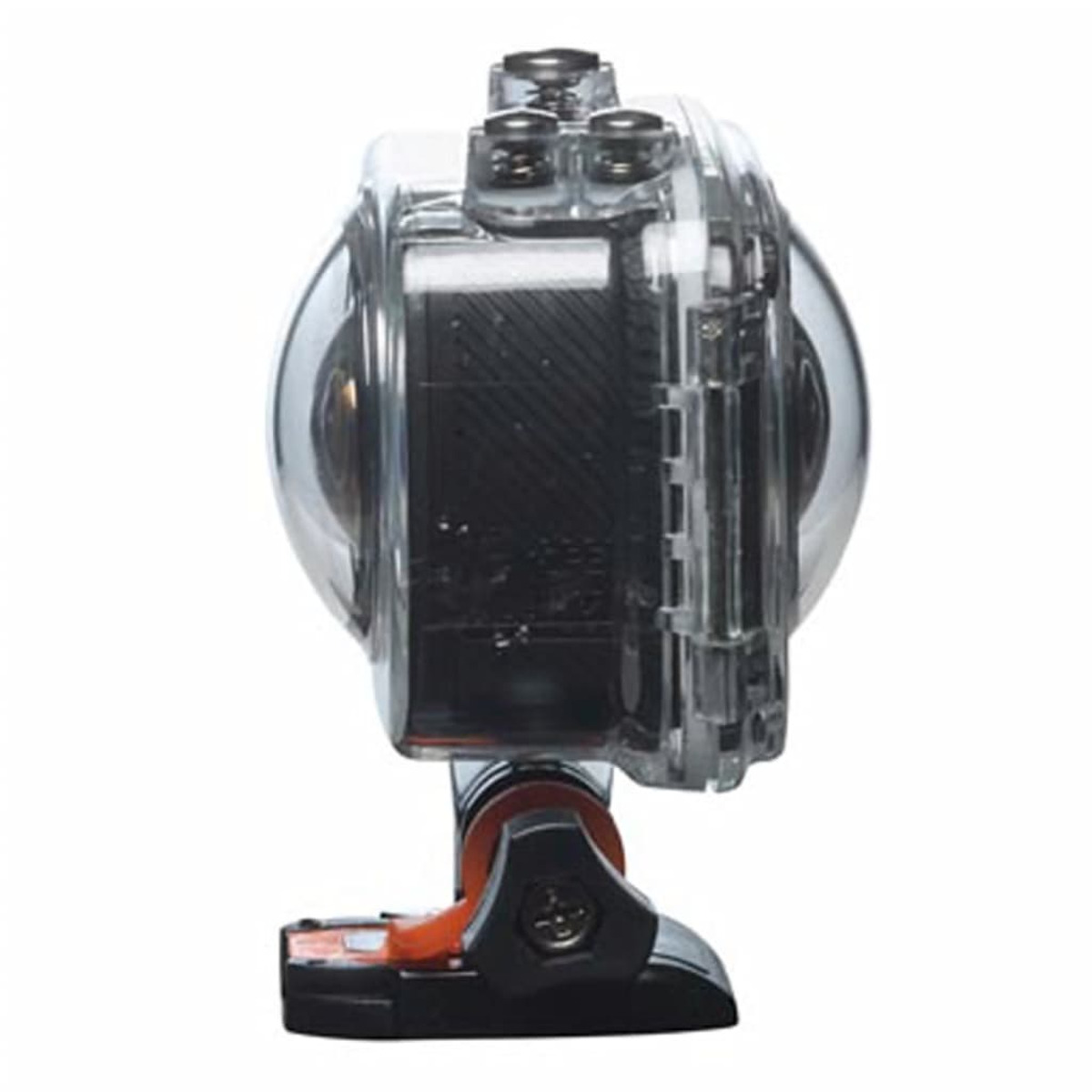 Przezroczysta sferyczna kamera w ochronnej obudowie z pomarańczową podstawą.