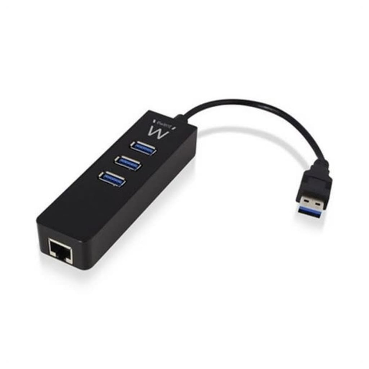 Hub USB nero con quattro porte e un cavo collegato, isolato su sfondo bianco.